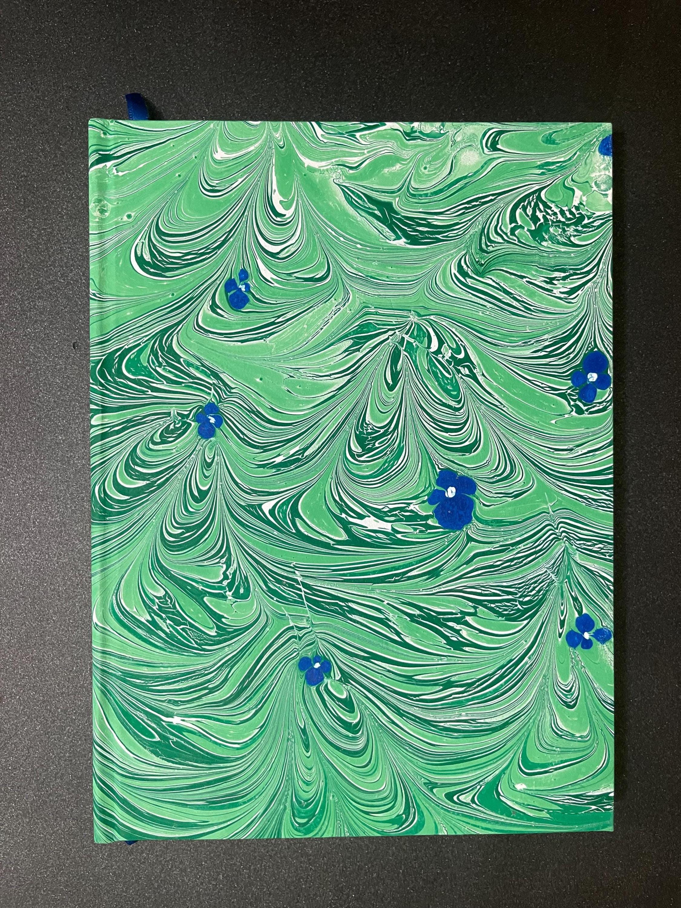 Handmade A5 Sketchbook /Journal in green organic leaf pattern with blue tiny flowers on a Hand Marbled Hard Cover - 160 plain pages