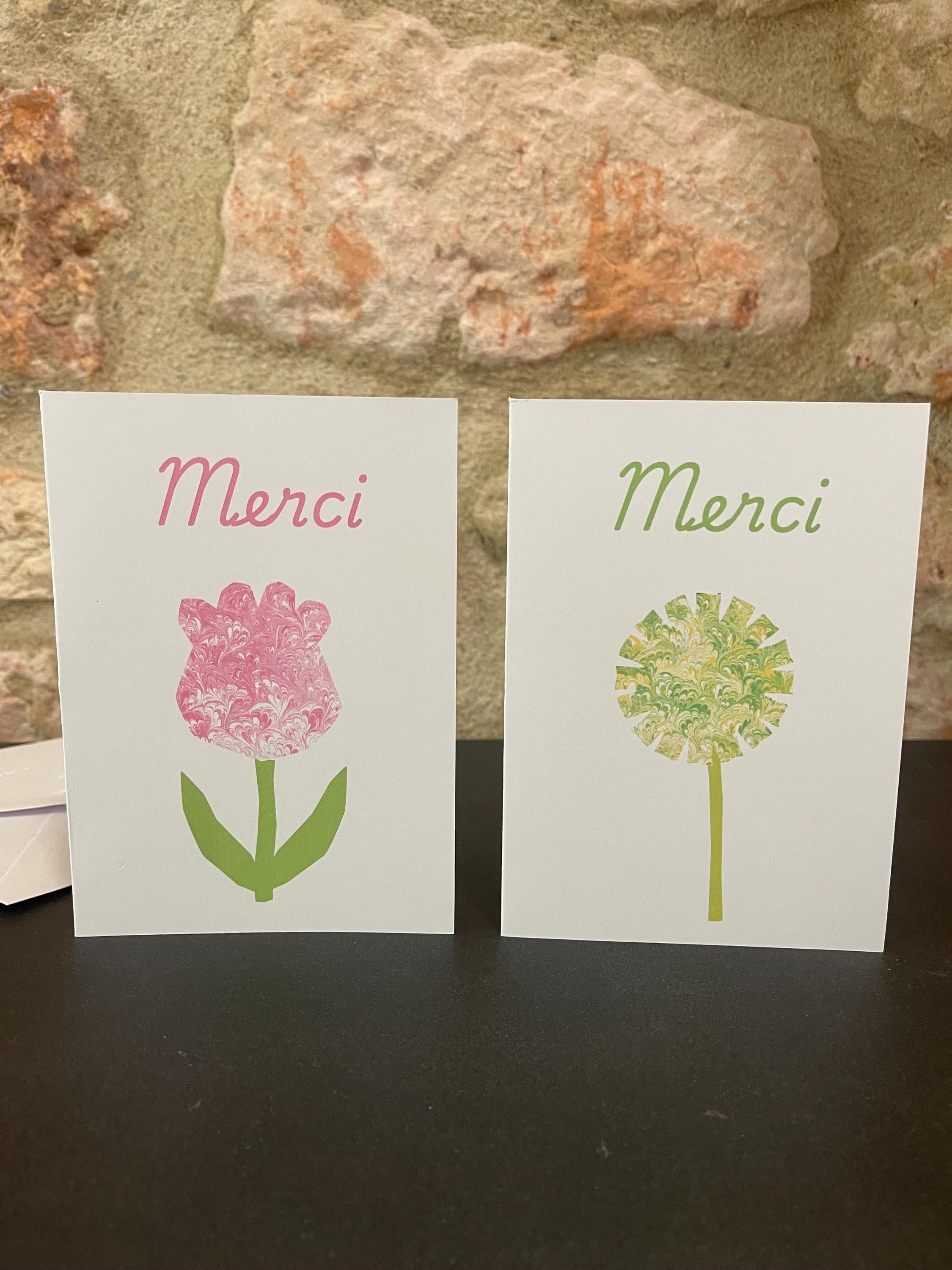 2 Cartes Merci- Printed marbled cards with envelopes, blank inside ideal for your thank you messages