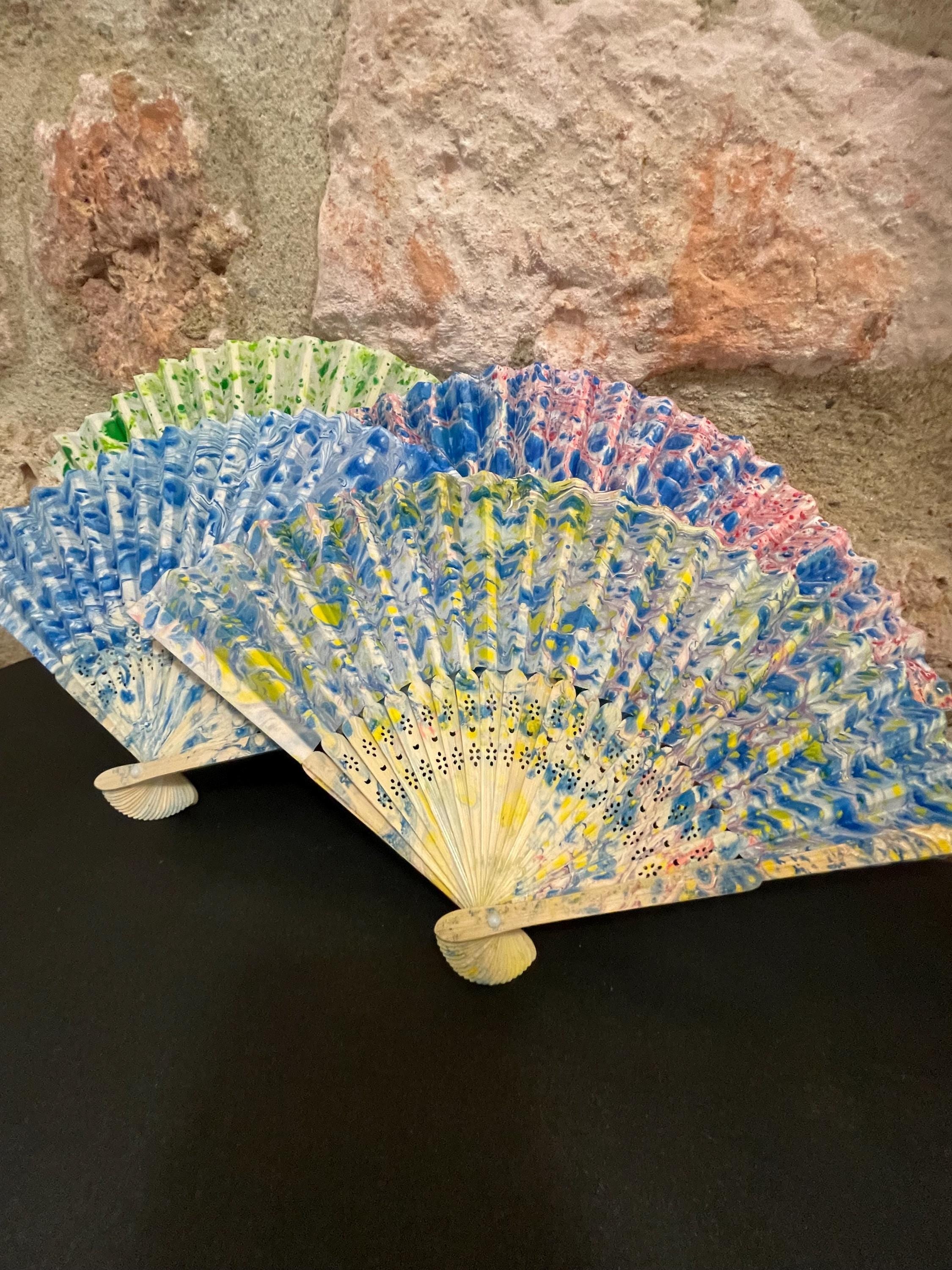 Hand-Marbled Silk Fan – Pink and Blue | One-of-a-Kind Handmade Accessory