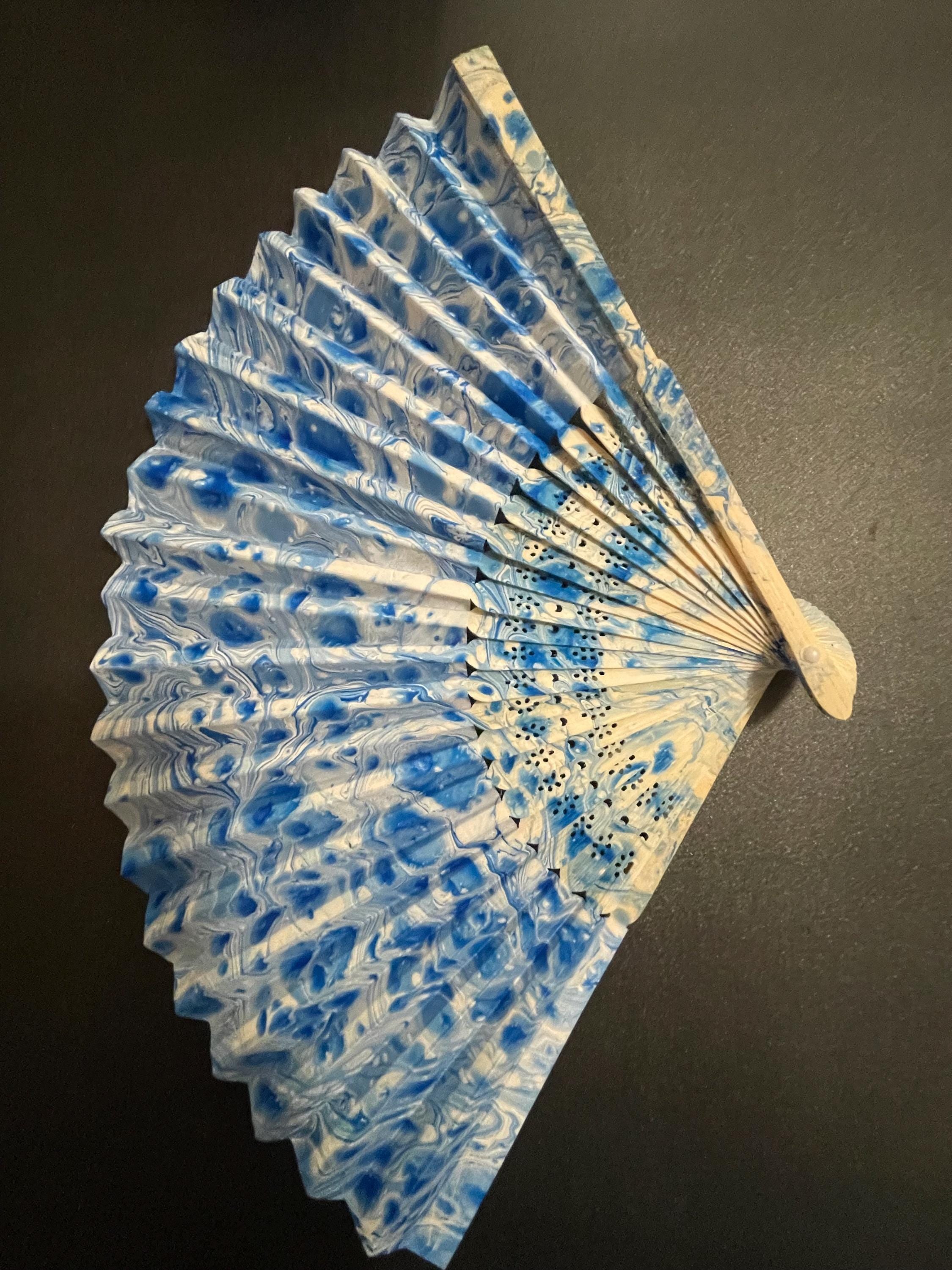 Hand-Marbled Silk Fan – Blue and White | One-of-a-Kind Handmade Accessory