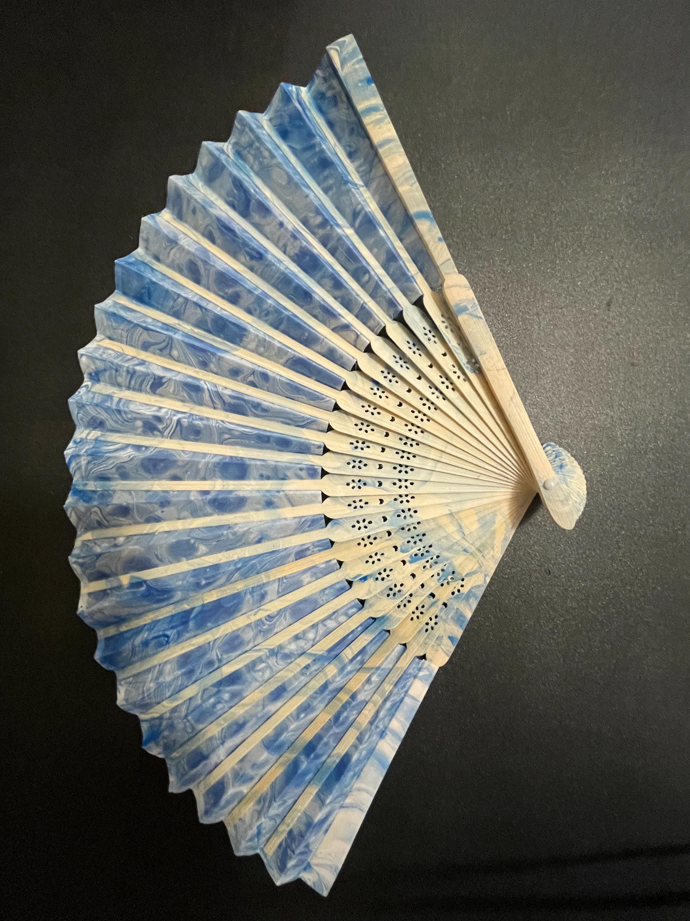 Hand-Marbled Silk Fan – Blue and White | One-of-a-Kind Handmade Accessory