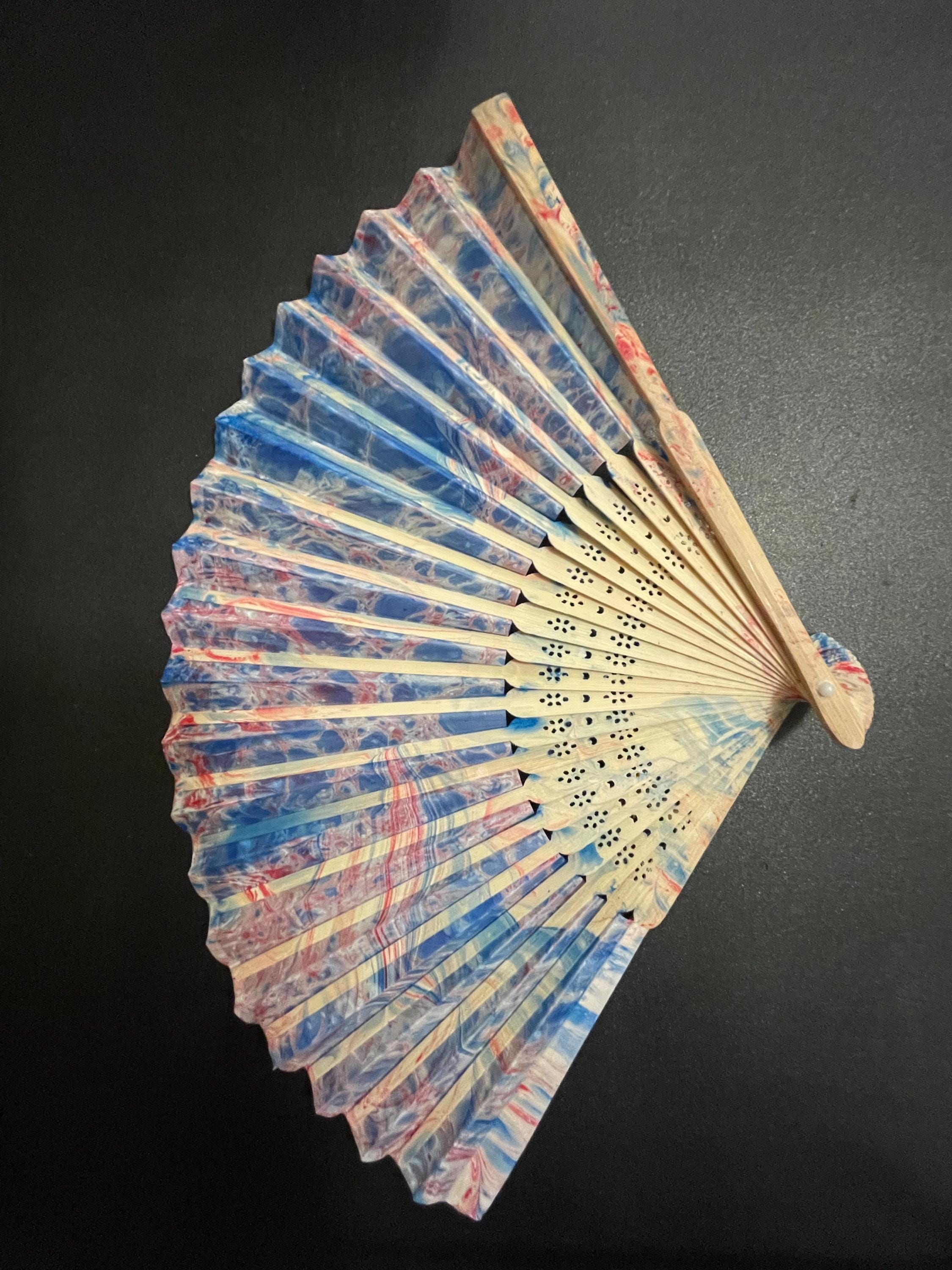 Hand-Marbled Silk Fan – Pink and Blue | One-of-a-Kind Handmade Accessory