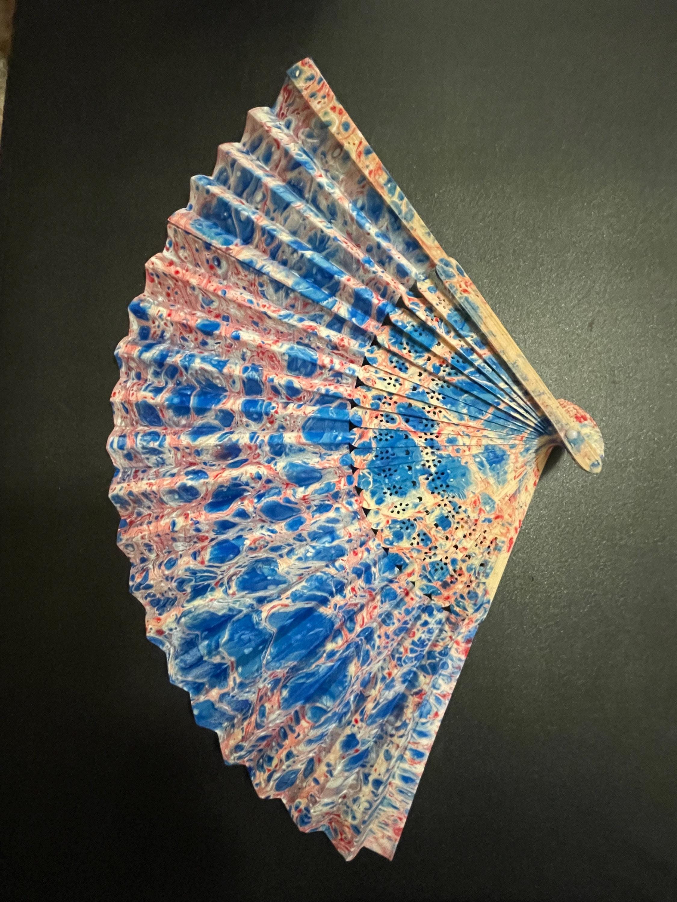Hand-Marbled Silk Fan – Pink and Blue | One-of-a-Kind Handmade Accessory