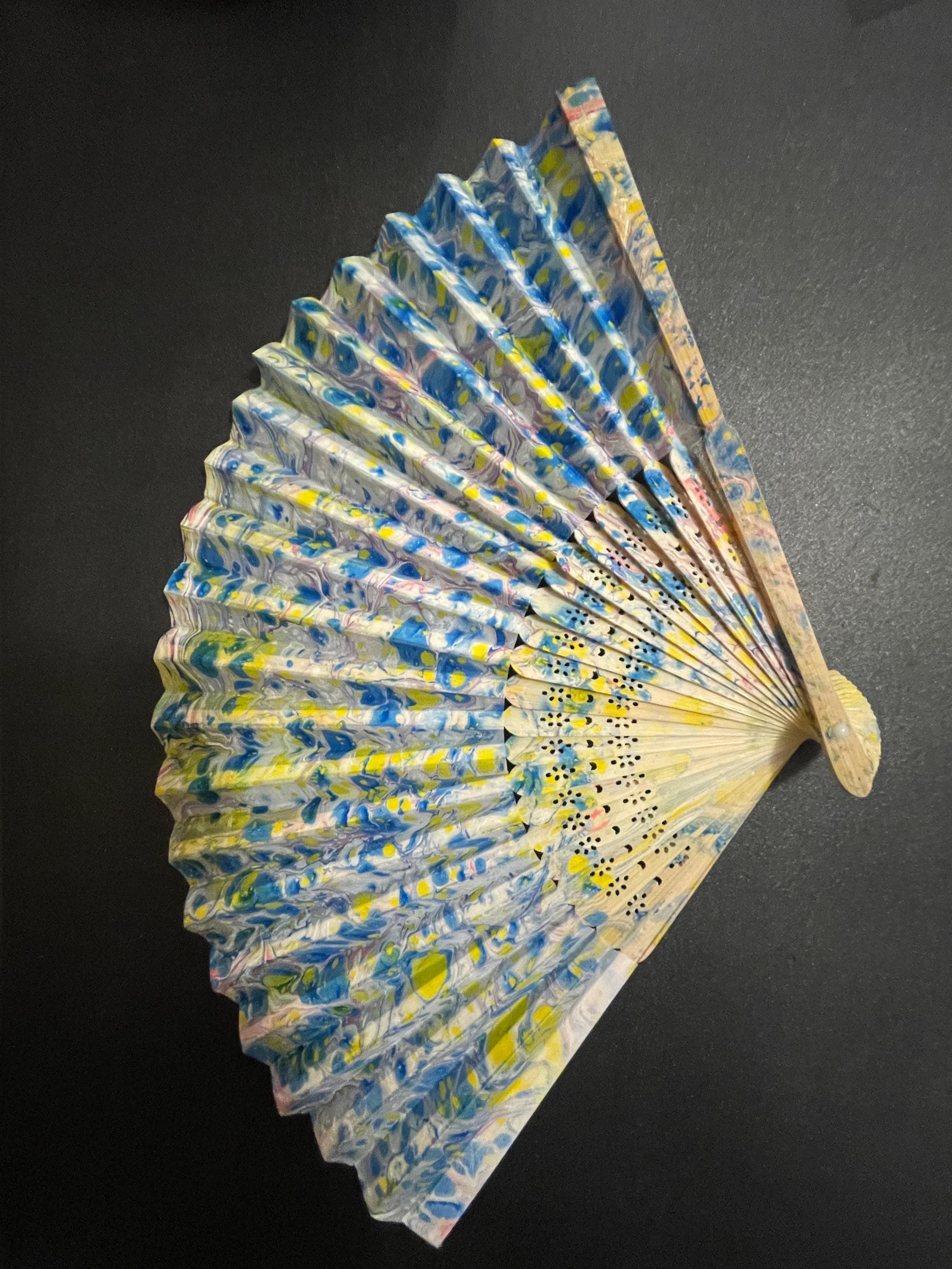 Hand-Marbled Silk Fan – Blue and Yellow | One-of-a-Kind Handmade Accessory