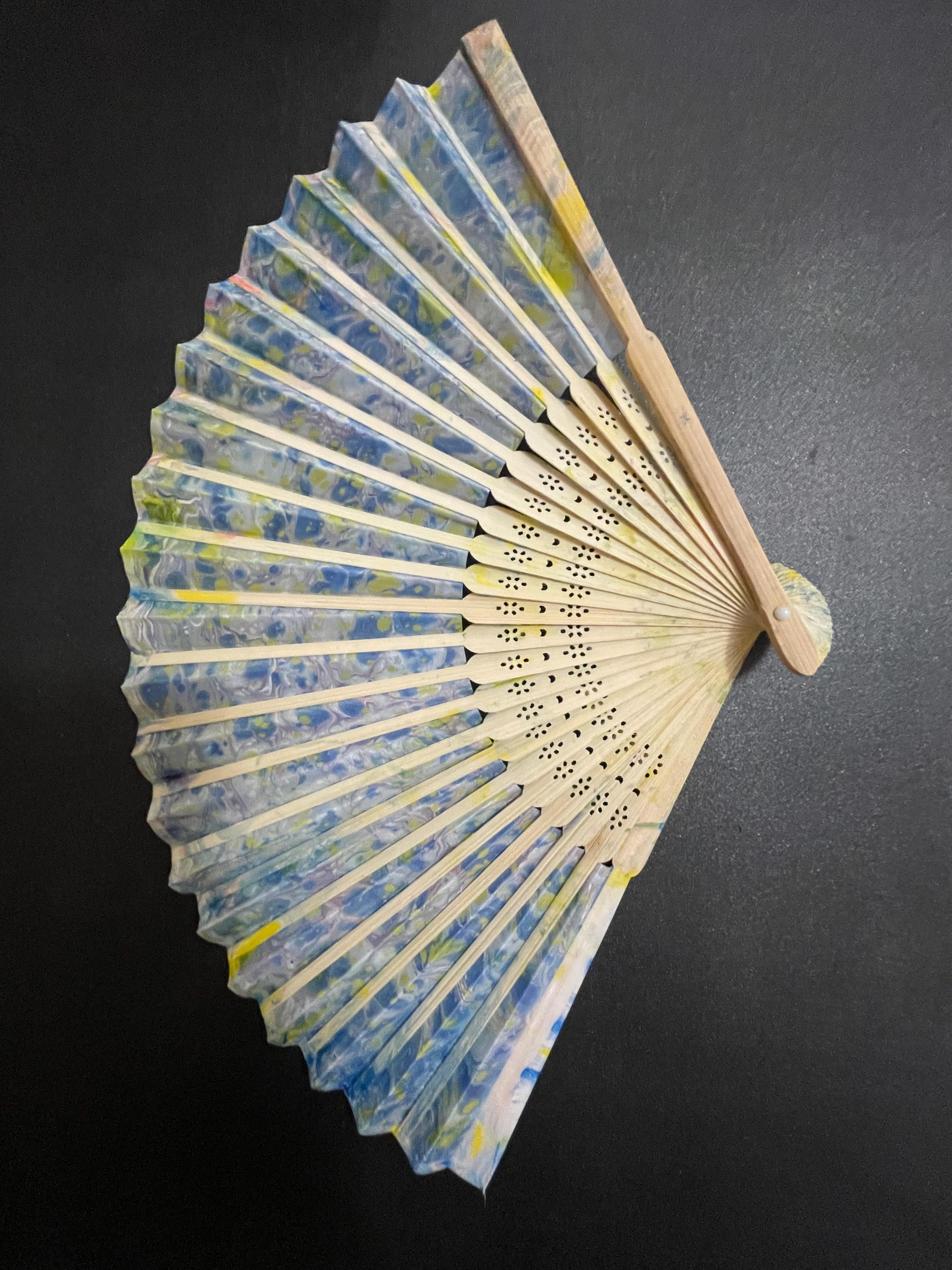 Hand-Marbled Silk Fan – Blue and Yellow | One-of-a-Kind Handmade Accessory