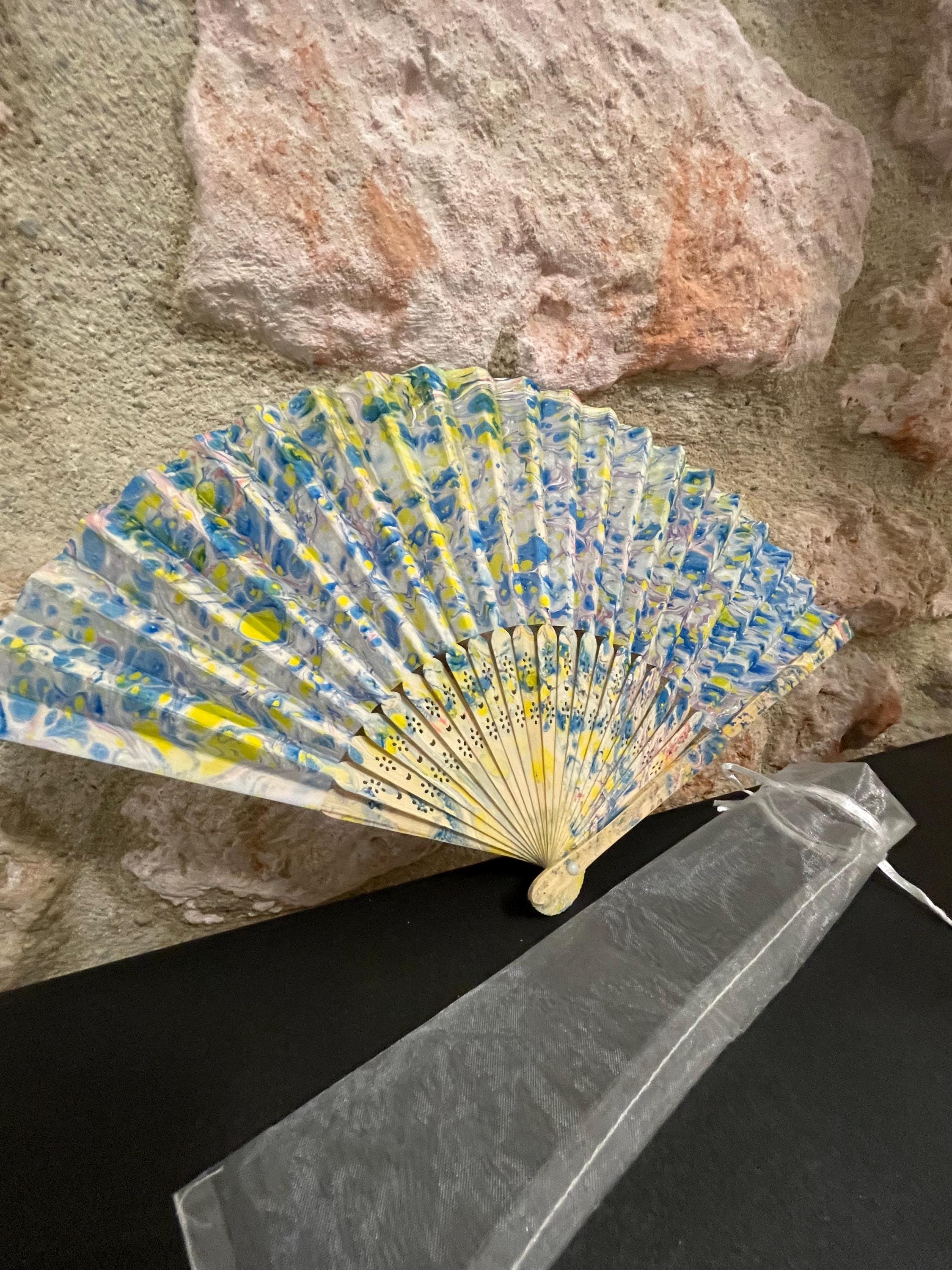 Hand-Marbled Silk Fan – Blue and Yellow | One-of-a-Kind Handmade Accessory