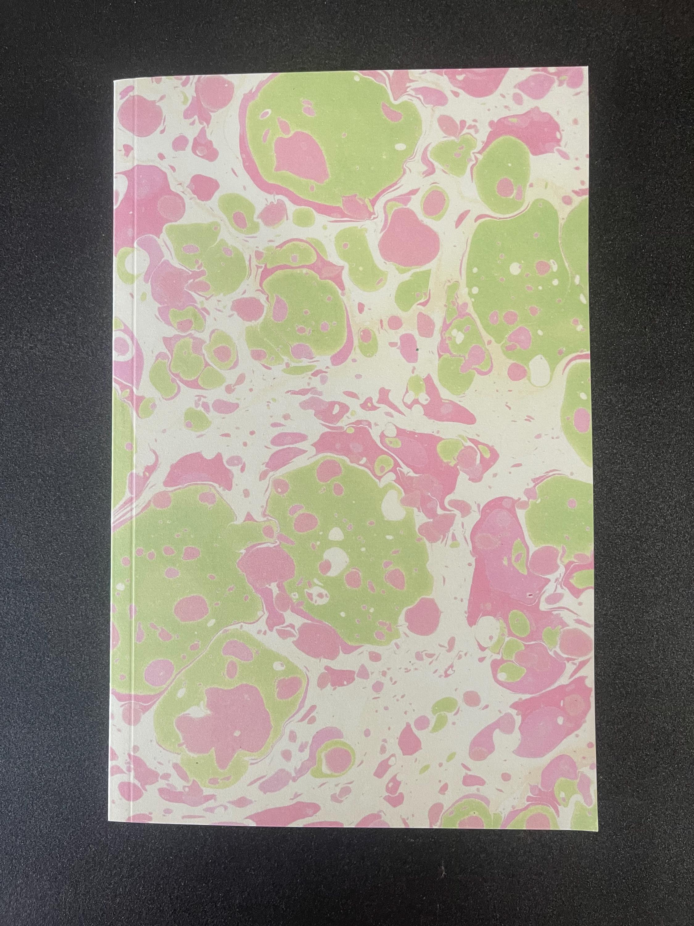Marbled Notebook in pinks and greens, a bold twist on tradition, soft recycled cover, 96 lined pages, practical notebook for daily use