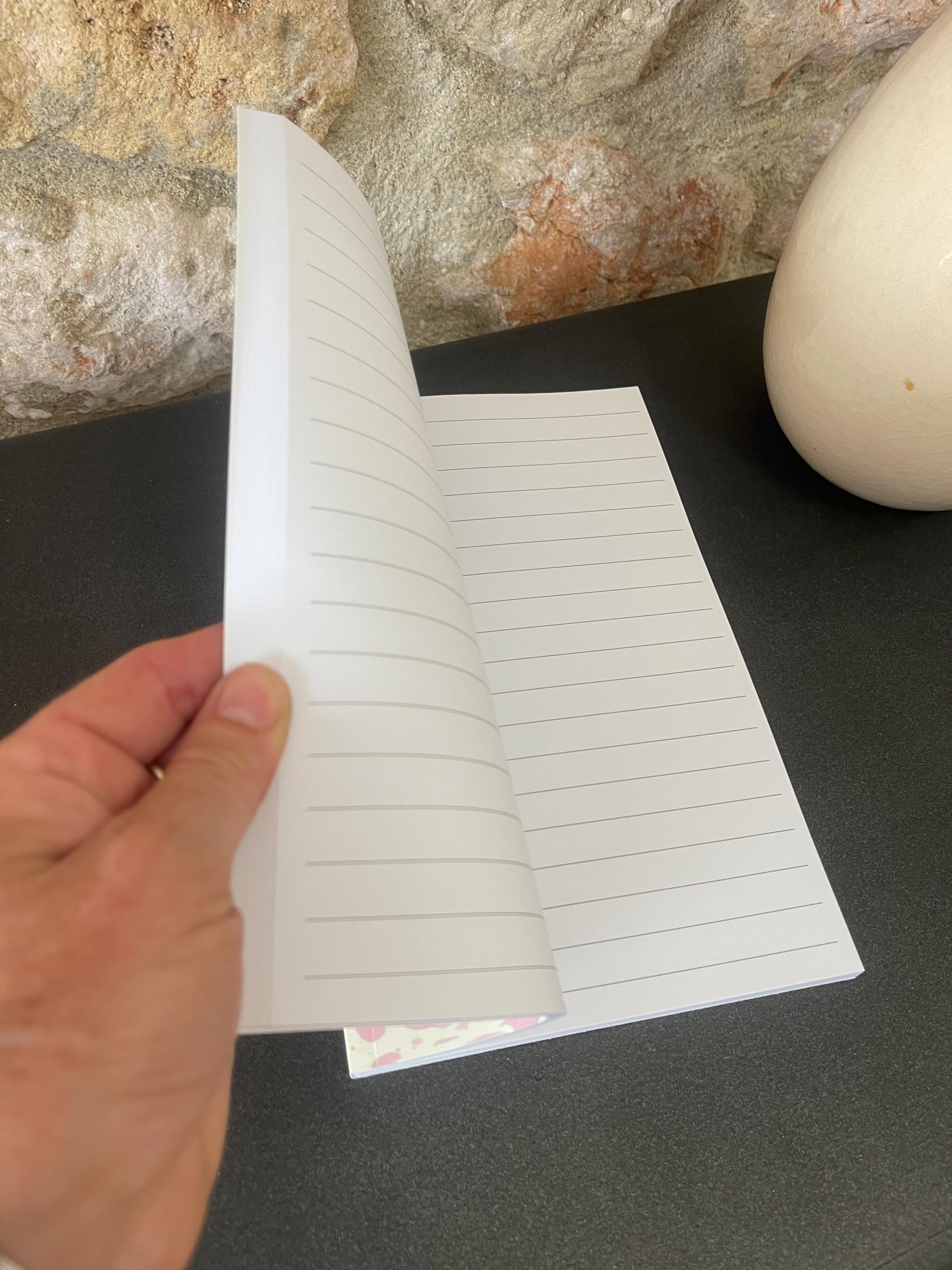 Marbled Notebook in pinks and greens, a bold twist on tradition, soft recycled cover, 96 lined pages, practical notebook for daily use