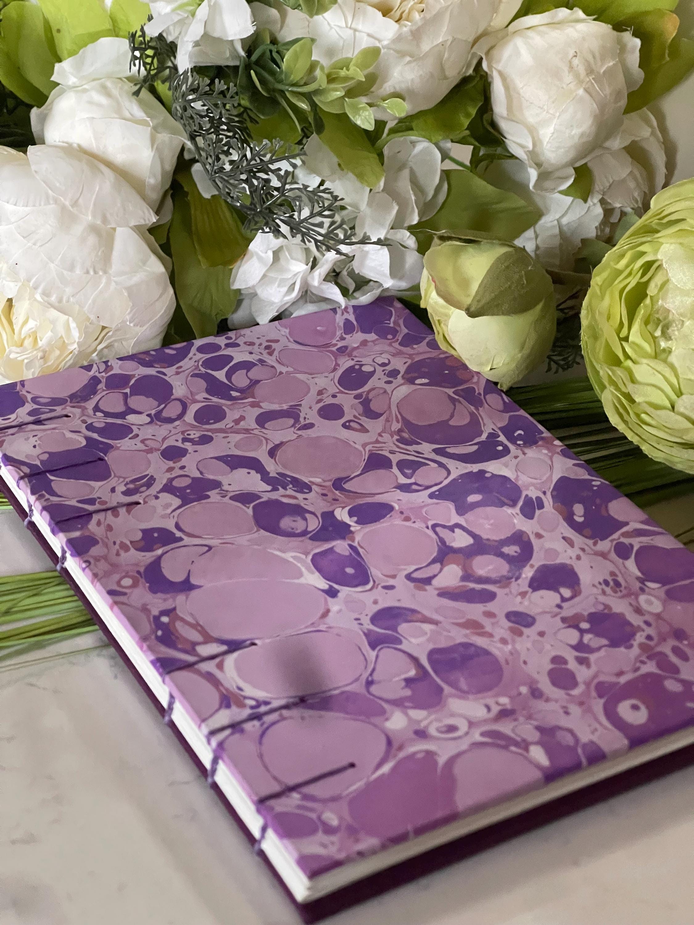 A5 Handmade Coptic Bound Sketchbook – Lavender Hand-Marbled Cover, Artist Notebook, Opens Flat