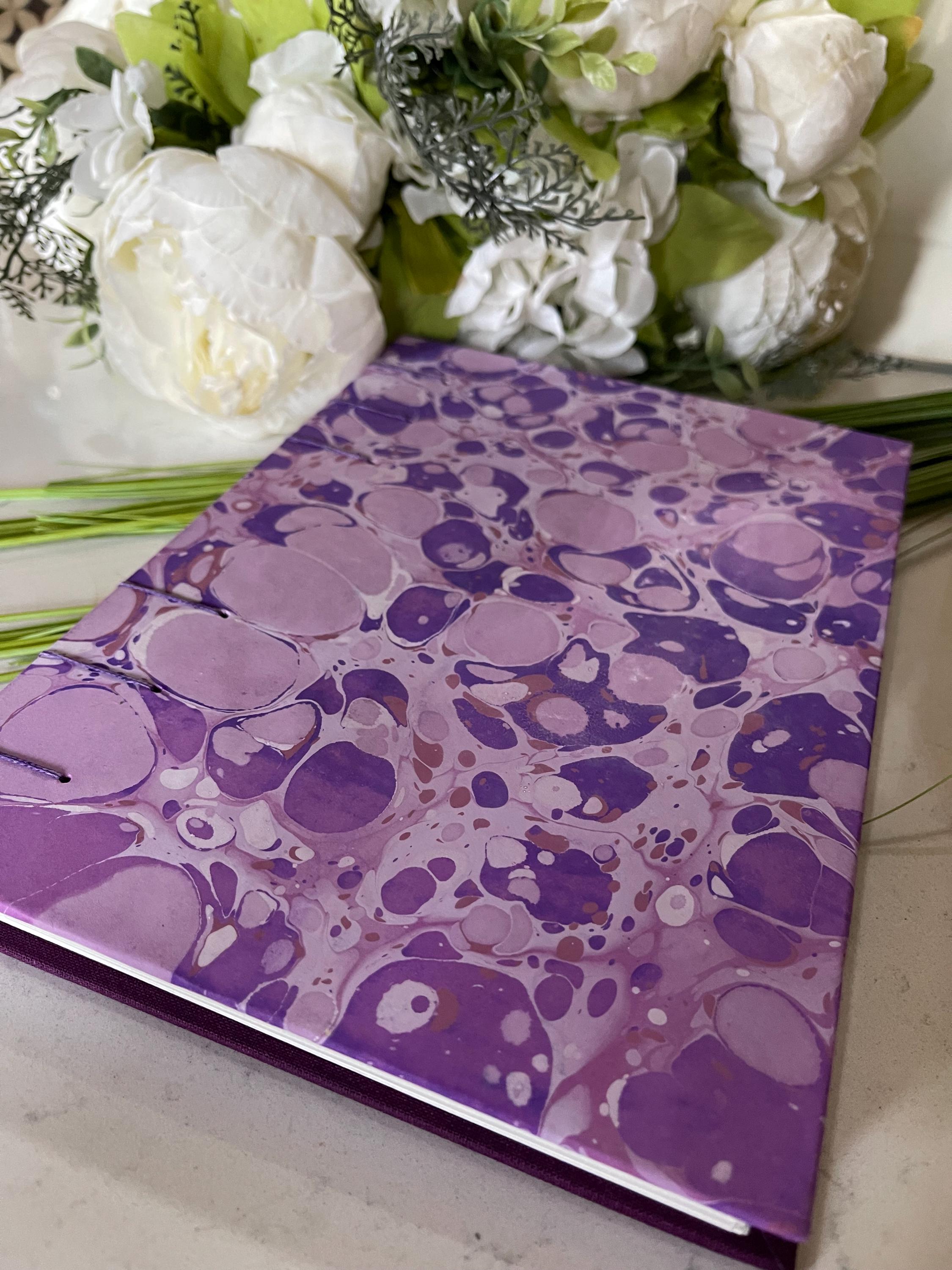 A5 Handmade Coptic Bound Sketchbook – Lavender Hand-Marbled Cover, Artist Notebook, Opens Flat
