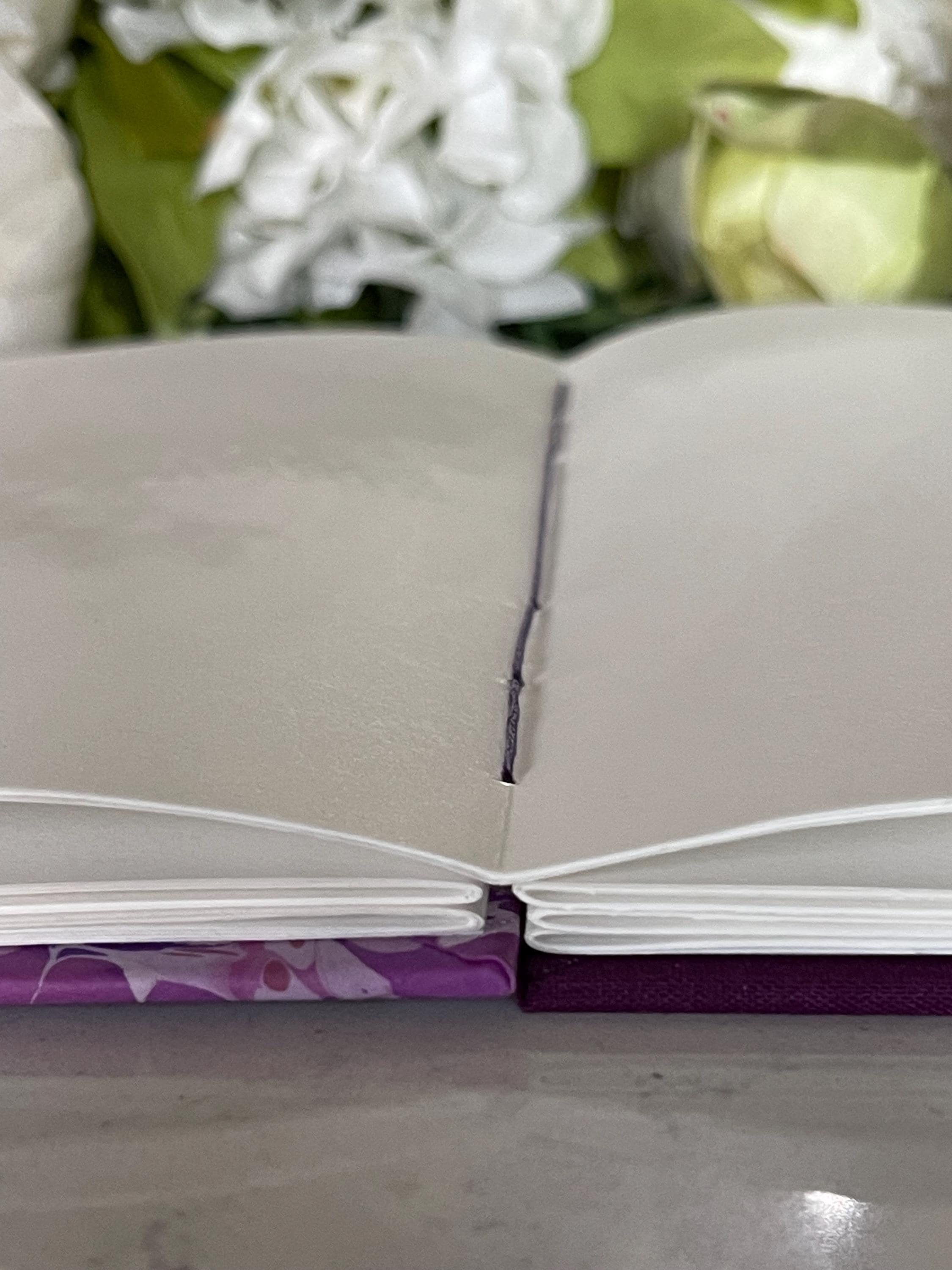 A5 Handmade Coptic Bound Sketchbook – Lavender Hand-Marbled Cover, Artist Notebook, Opens Flat