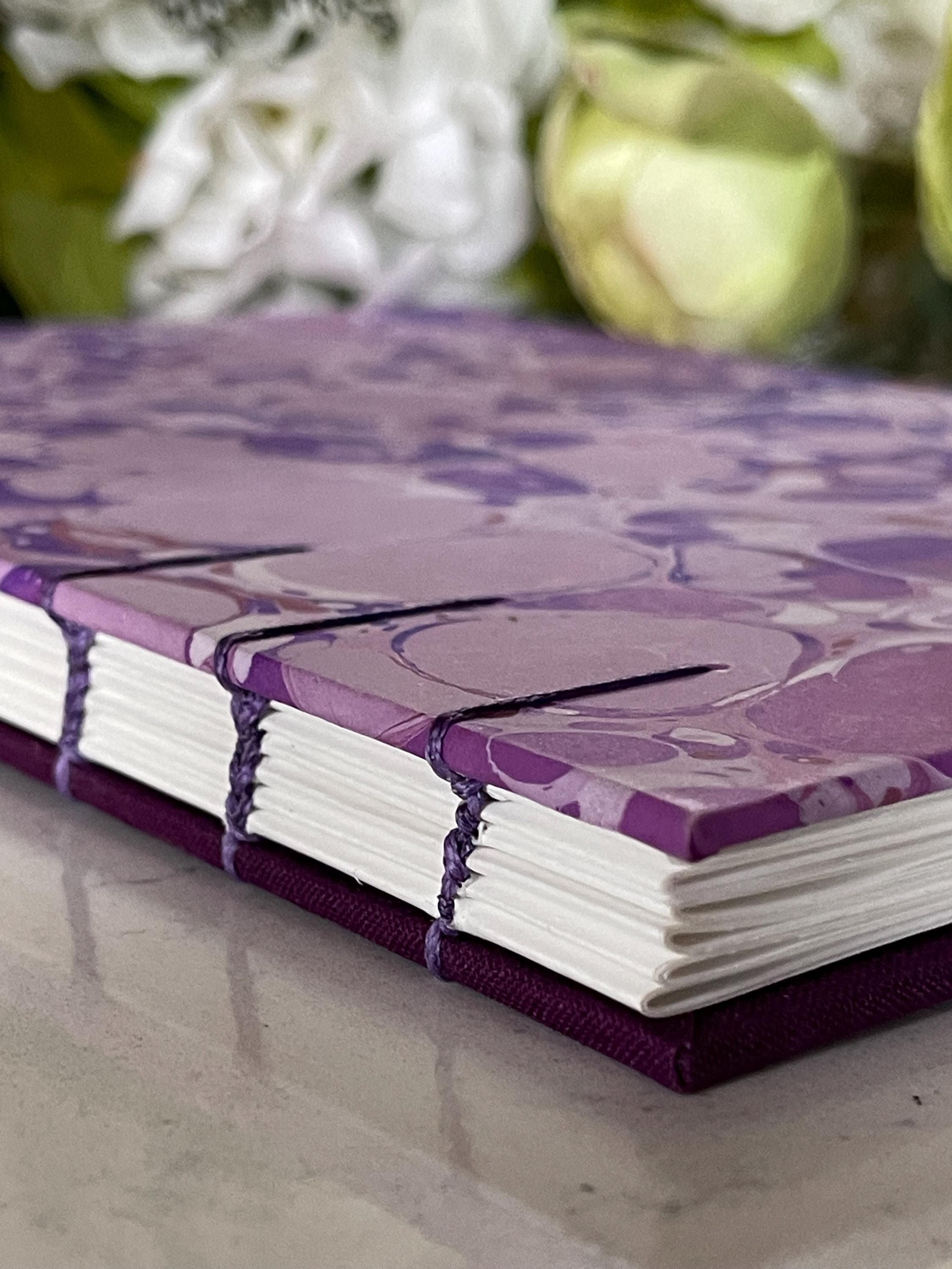 A5 Handmade Coptic Bound Sketchbook – Lavender Hand-Marbled Cover, Artist Notebook, Opens Flat