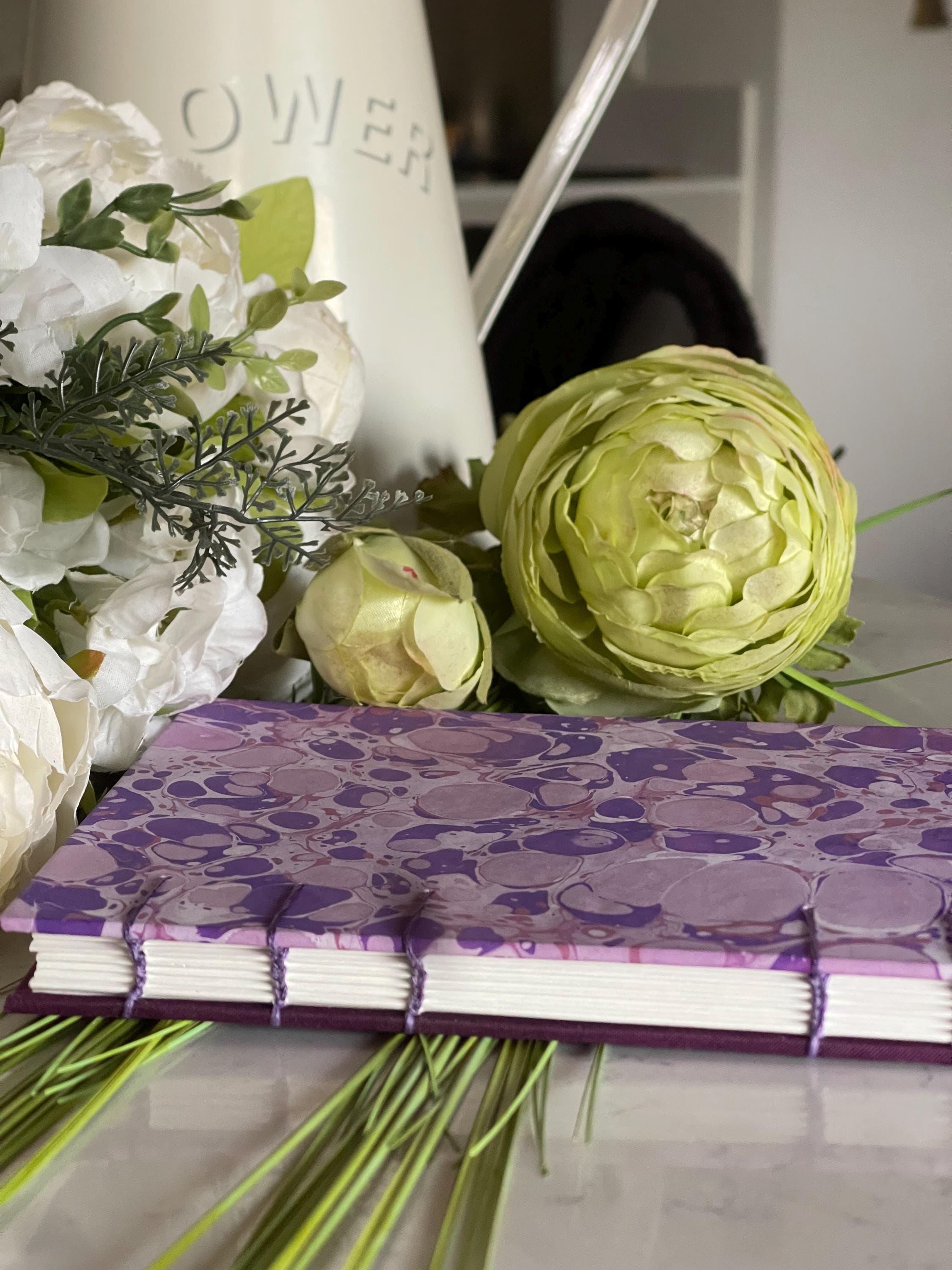 A5 Handmade Coptic Bound Sketchbook – Lavender Hand-Marbled Cover, Artist Notebook, Opens Flat