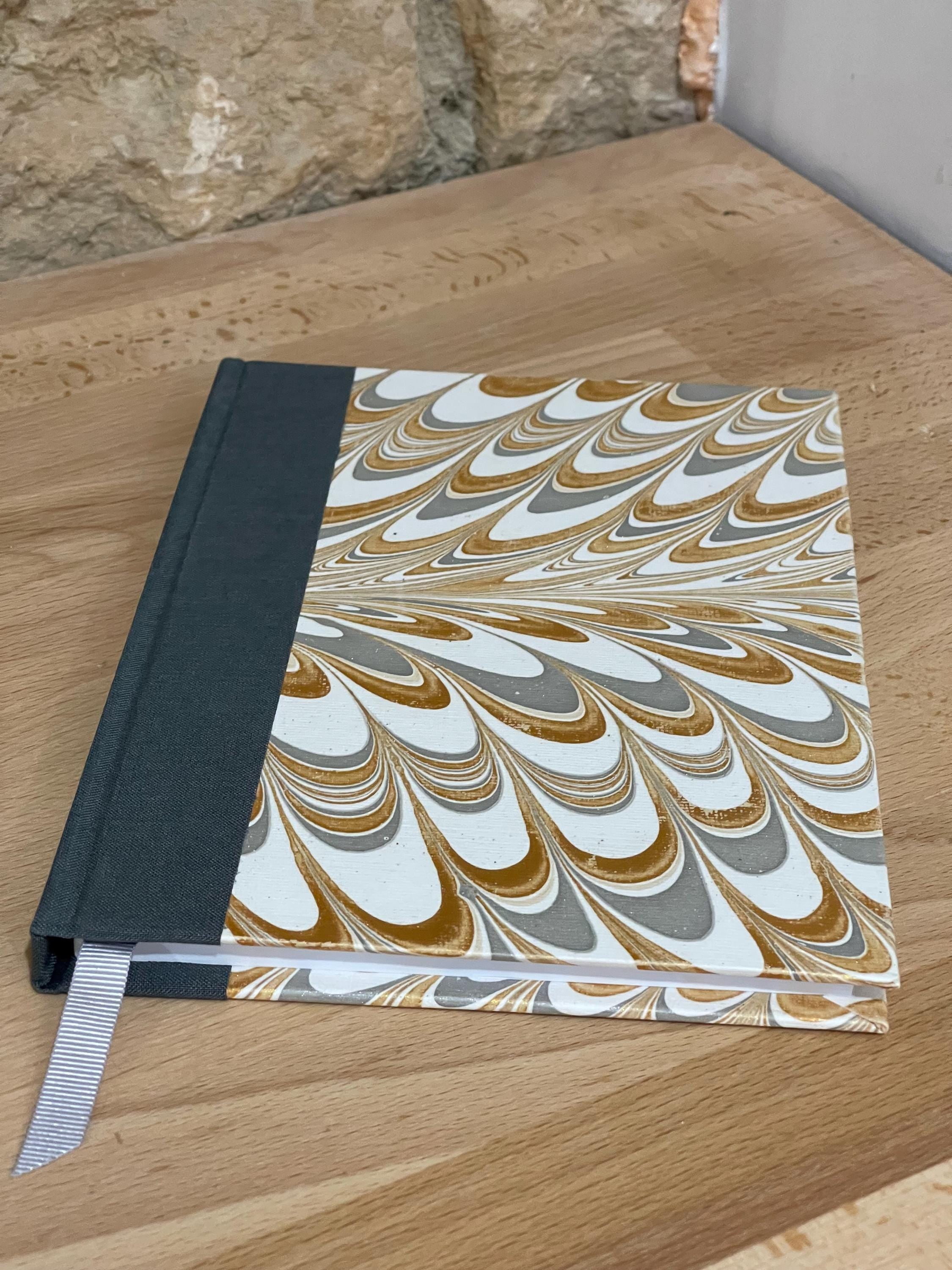 Handmade A5 Notebook /Journal with a Hand Marbled Hard Cover in gold, grey and white - lined pages