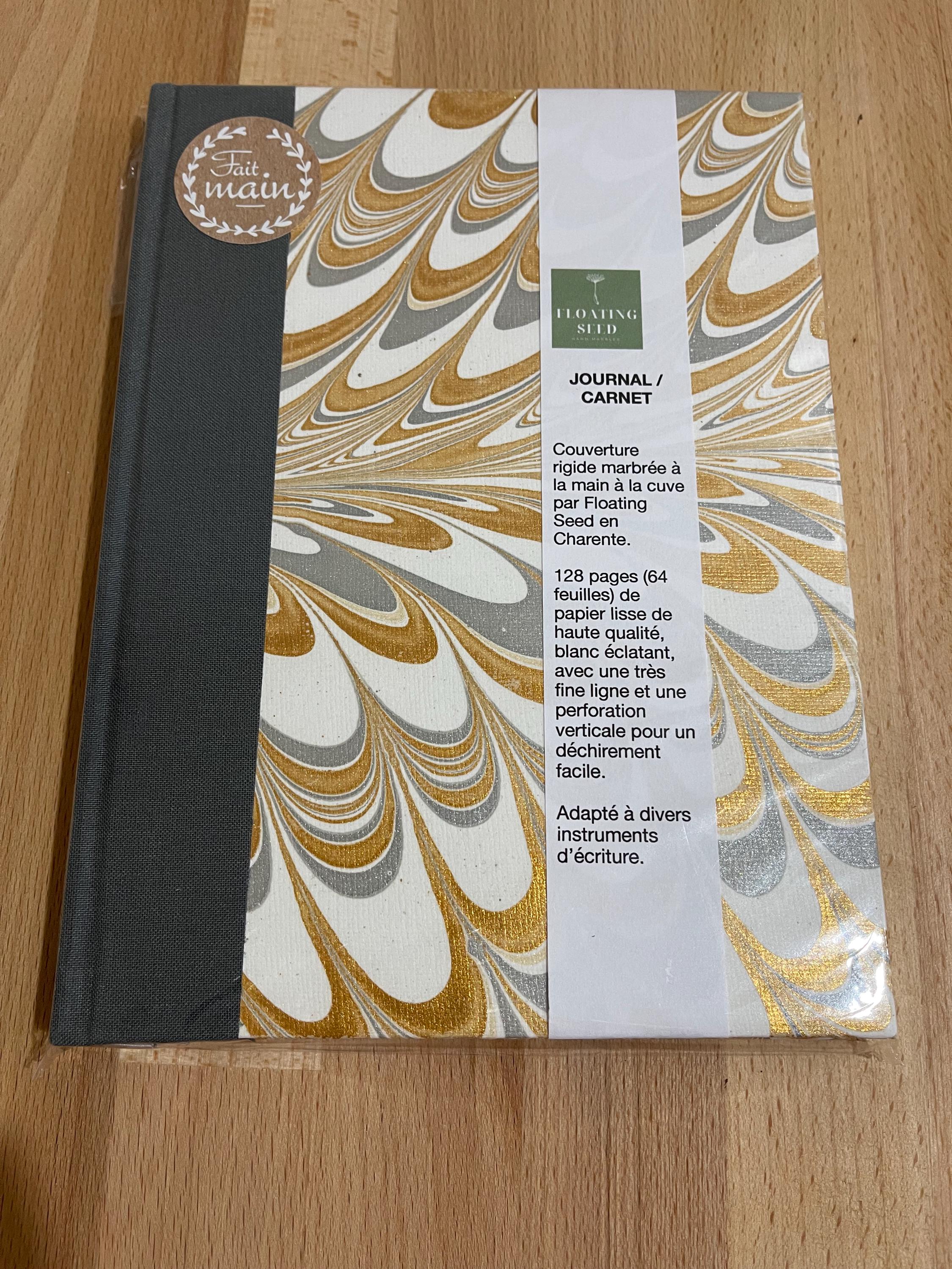 Handmade A5 Notebook /Journal with a Hand Marbled Hard Cover in gold, grey and white - lined pages
