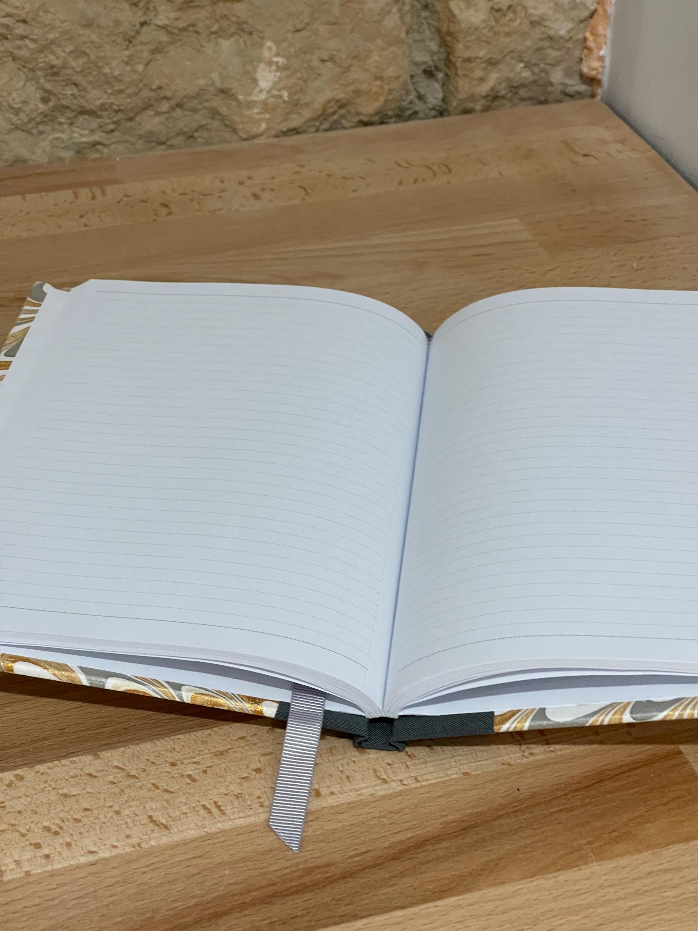 Handmade A5 Notebook /Journal with a Hand Marbled Hard Cover in gold, grey and white - lined pages
