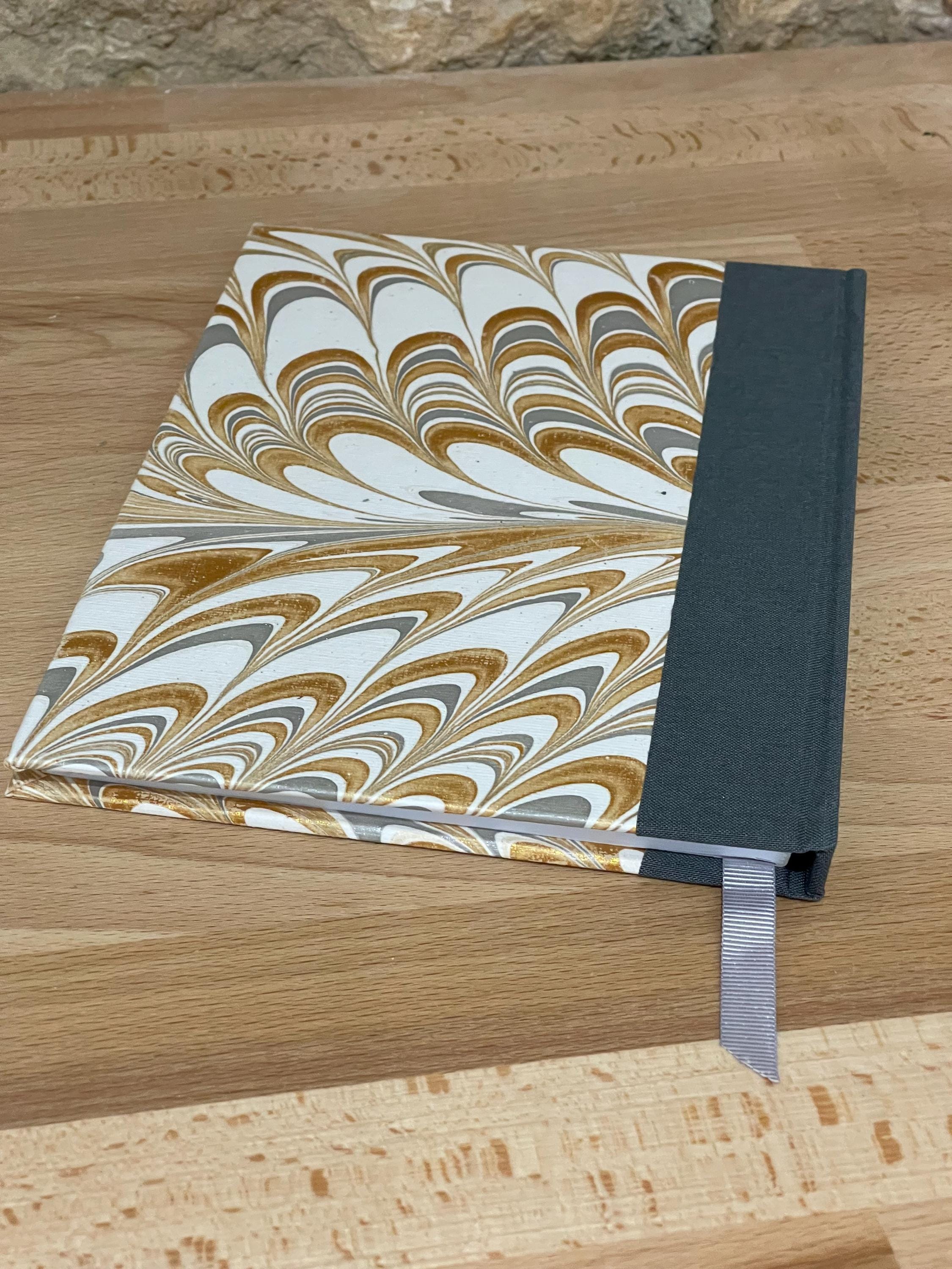 Handmade A5 Notebook /Journal with a Hand Marbled Hard Cover in gold, grey and white - lined pages
