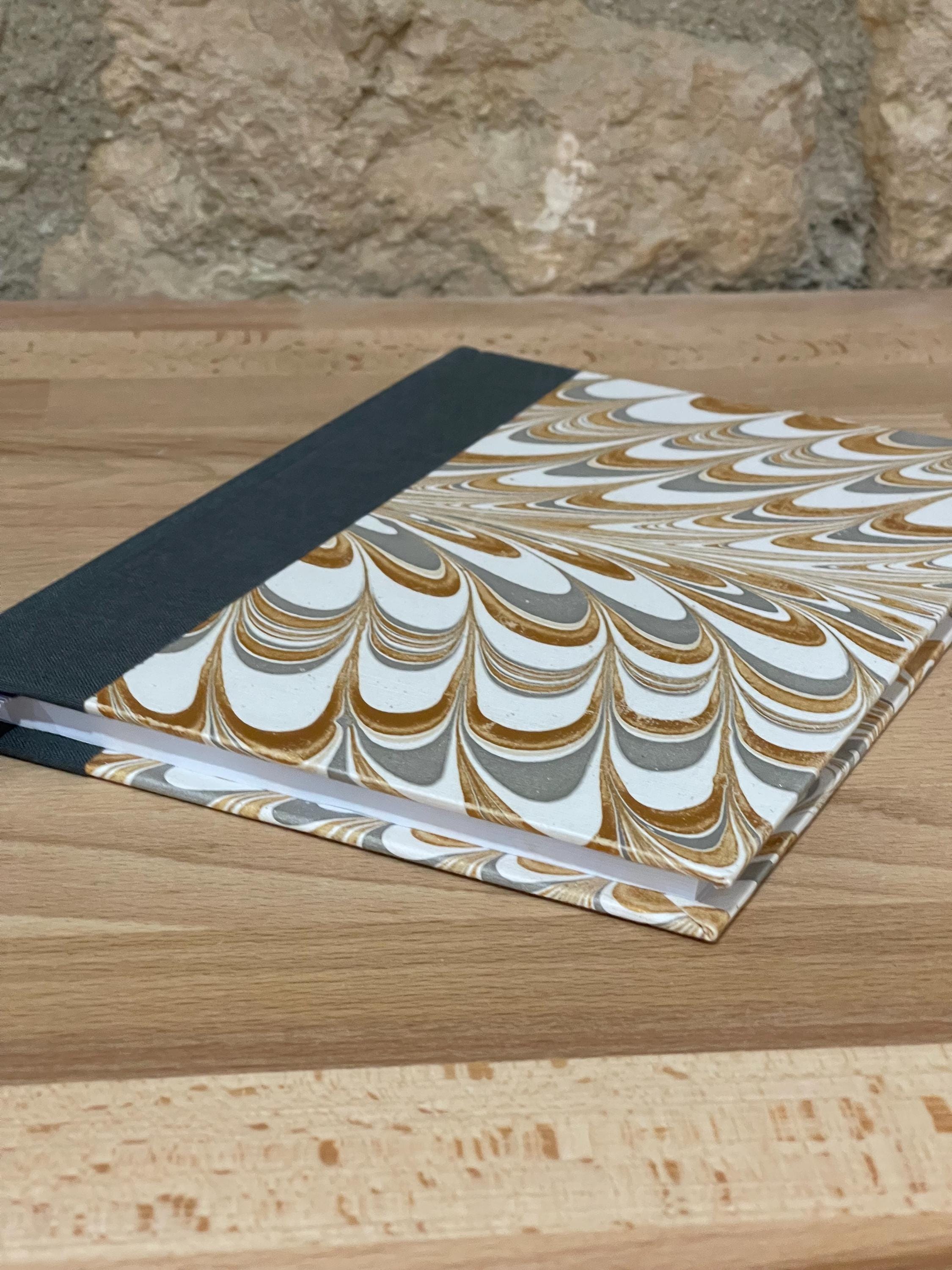 Handmade A5 Notebook /Journal with a Hand Marbled Hard Cover in gold, grey and white - lined pages
