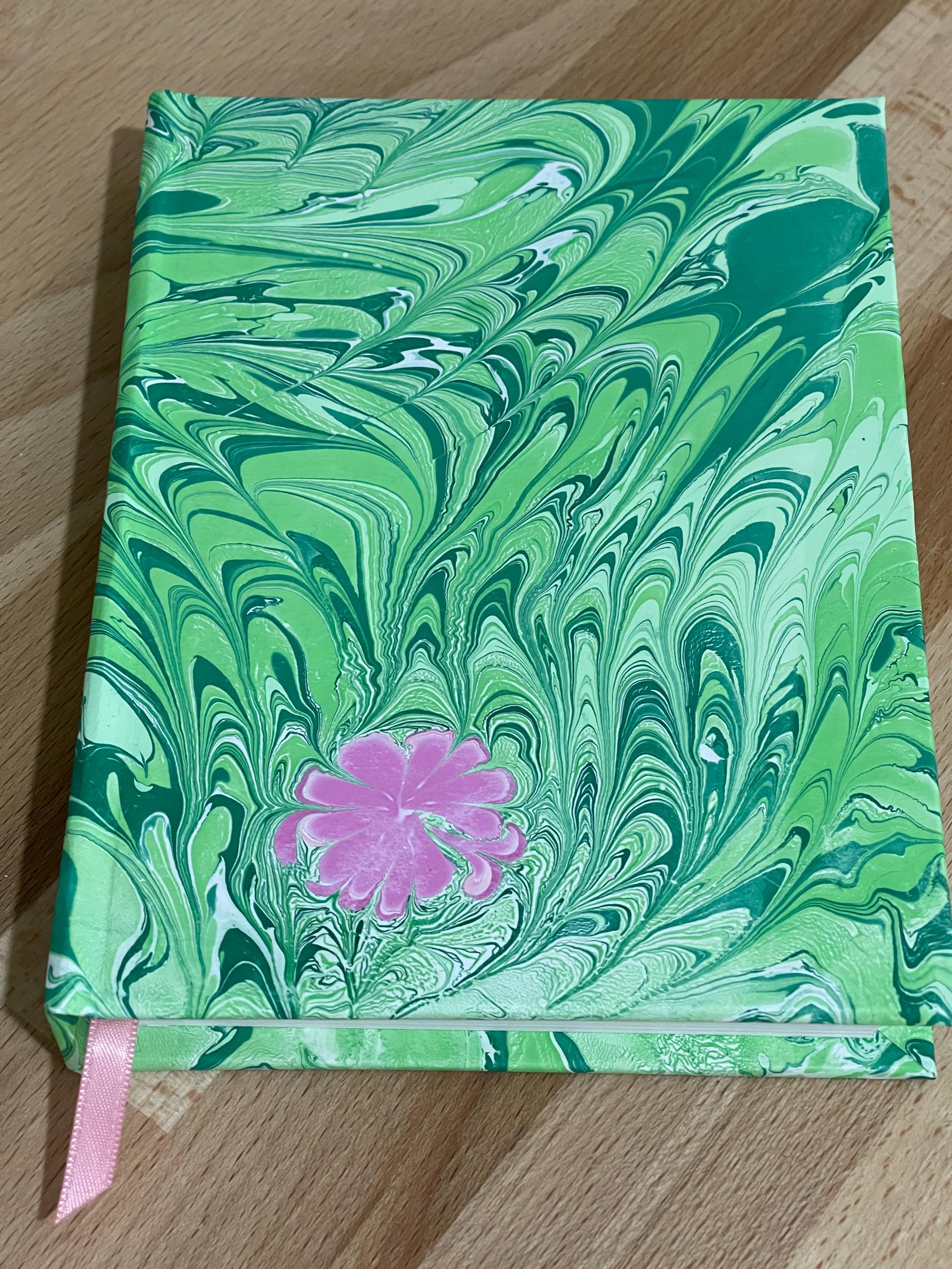 Hand marbled/painted flower notebook journal in green and pink with pink book mark and recycled white lined pages
