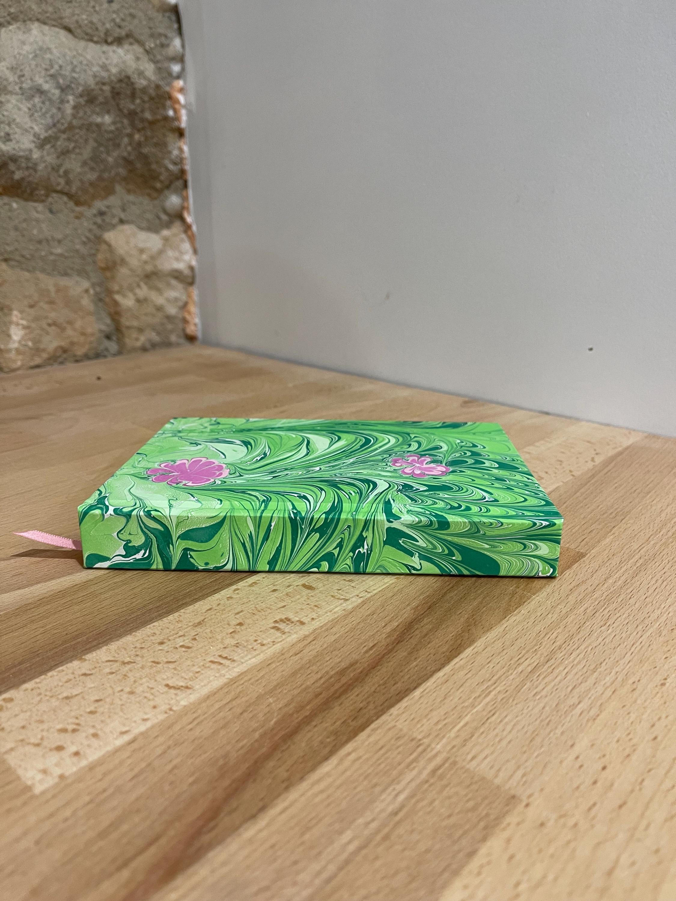 Hand marbled/painted flower notebook journal in green and pink with pink book mark and recycled white lined pages