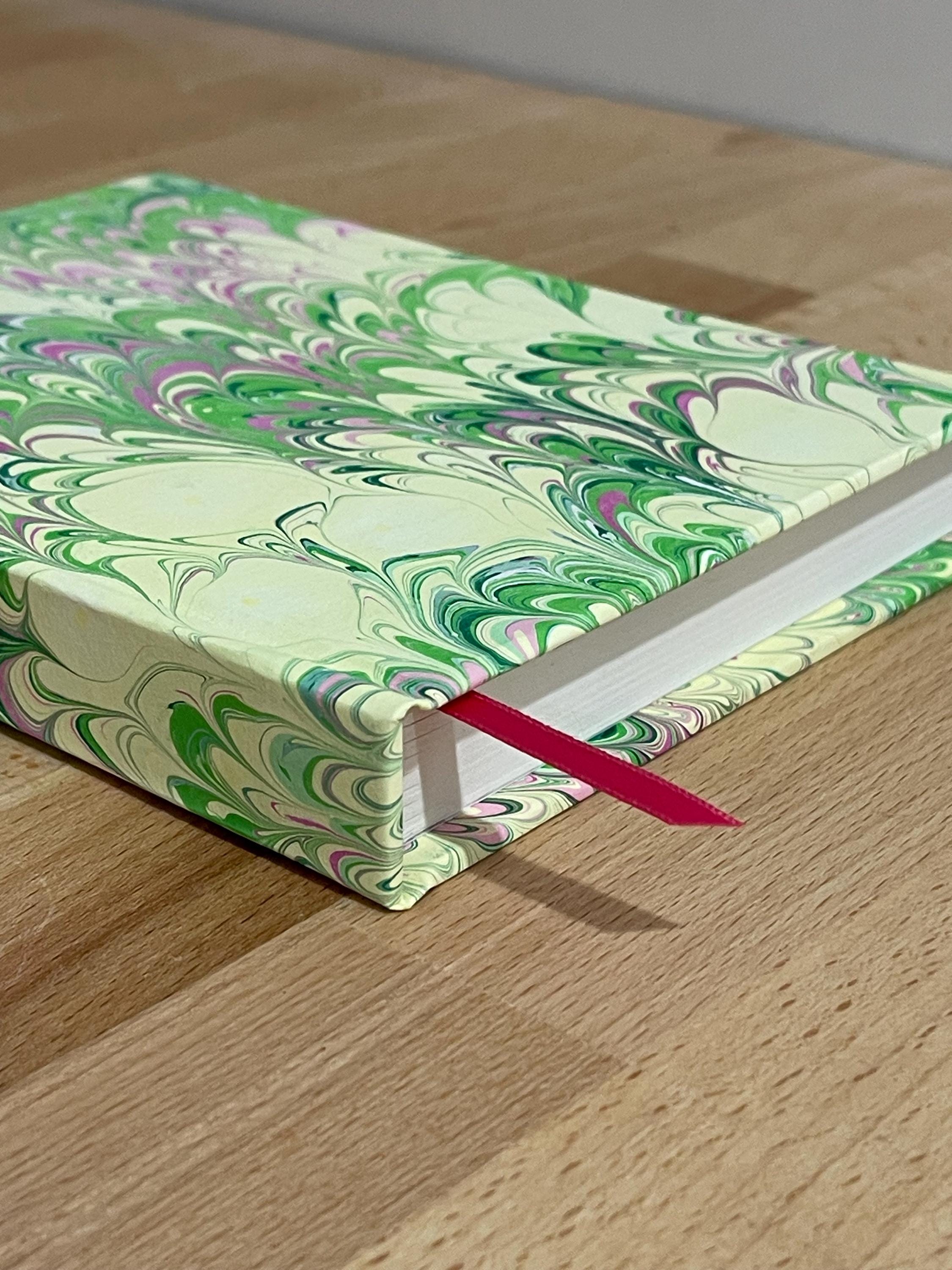 Notebook / Journal hand marbled/painted in a green, yellow and pink pattern with a pink book mark and recycled white lined pages