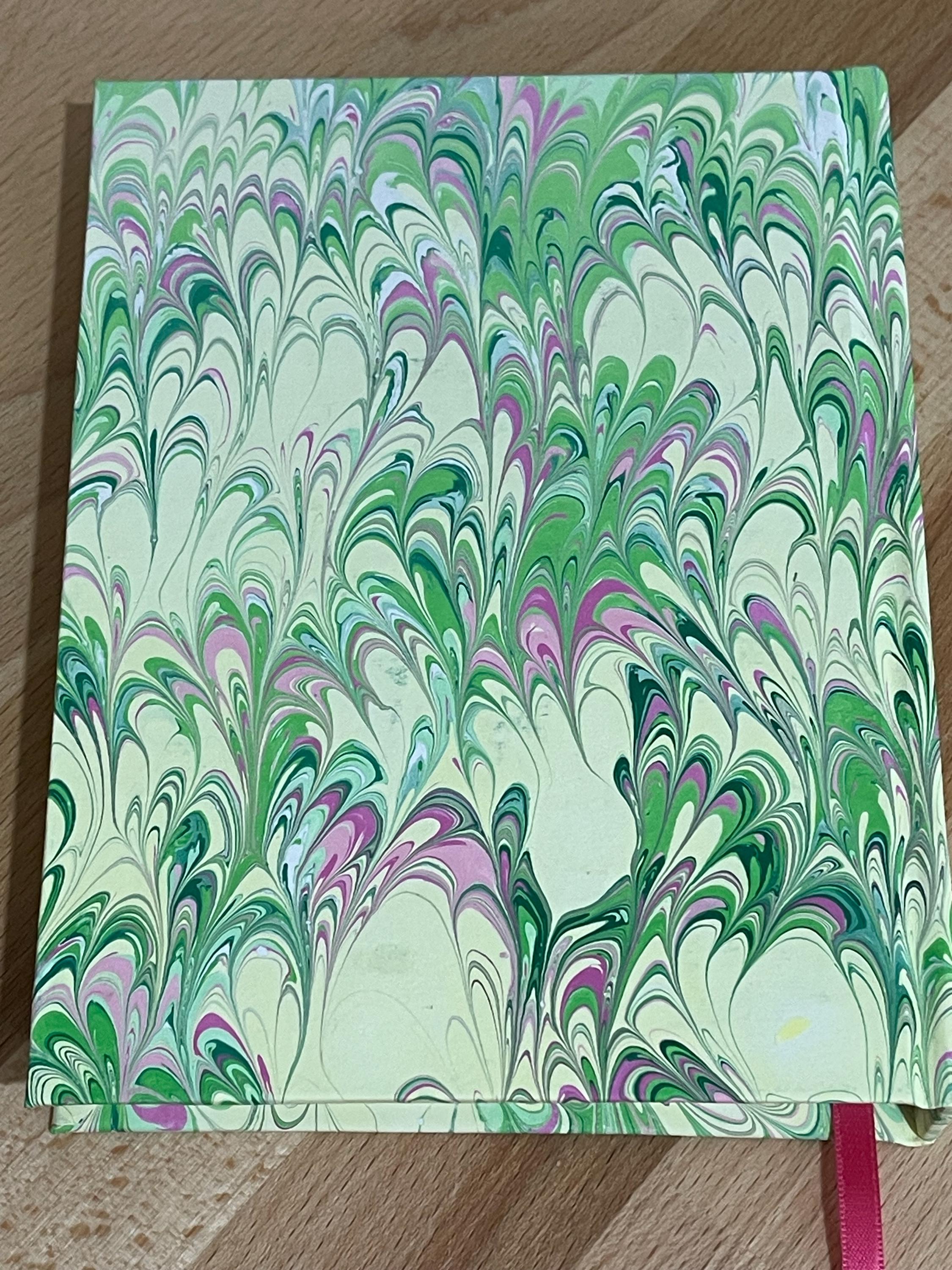 Notebook / Journal hand marbled/painted in a green, yellow and pink pattern with a pink book mark and recycled white lined pages