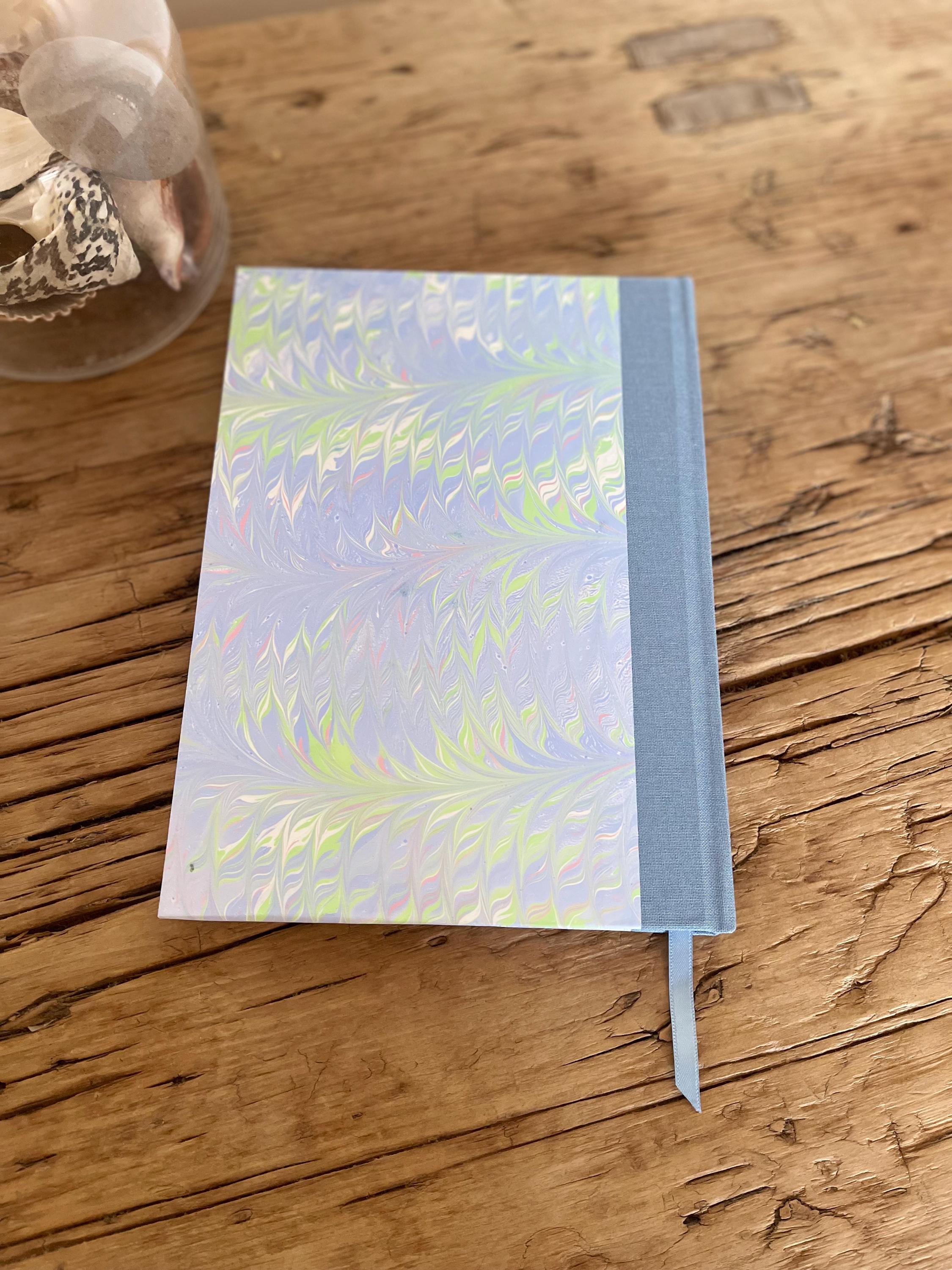 Marbled Sketchbook/Journal A5 Hard Cover, Hand Made, Blue and green feather technique - plain white pages