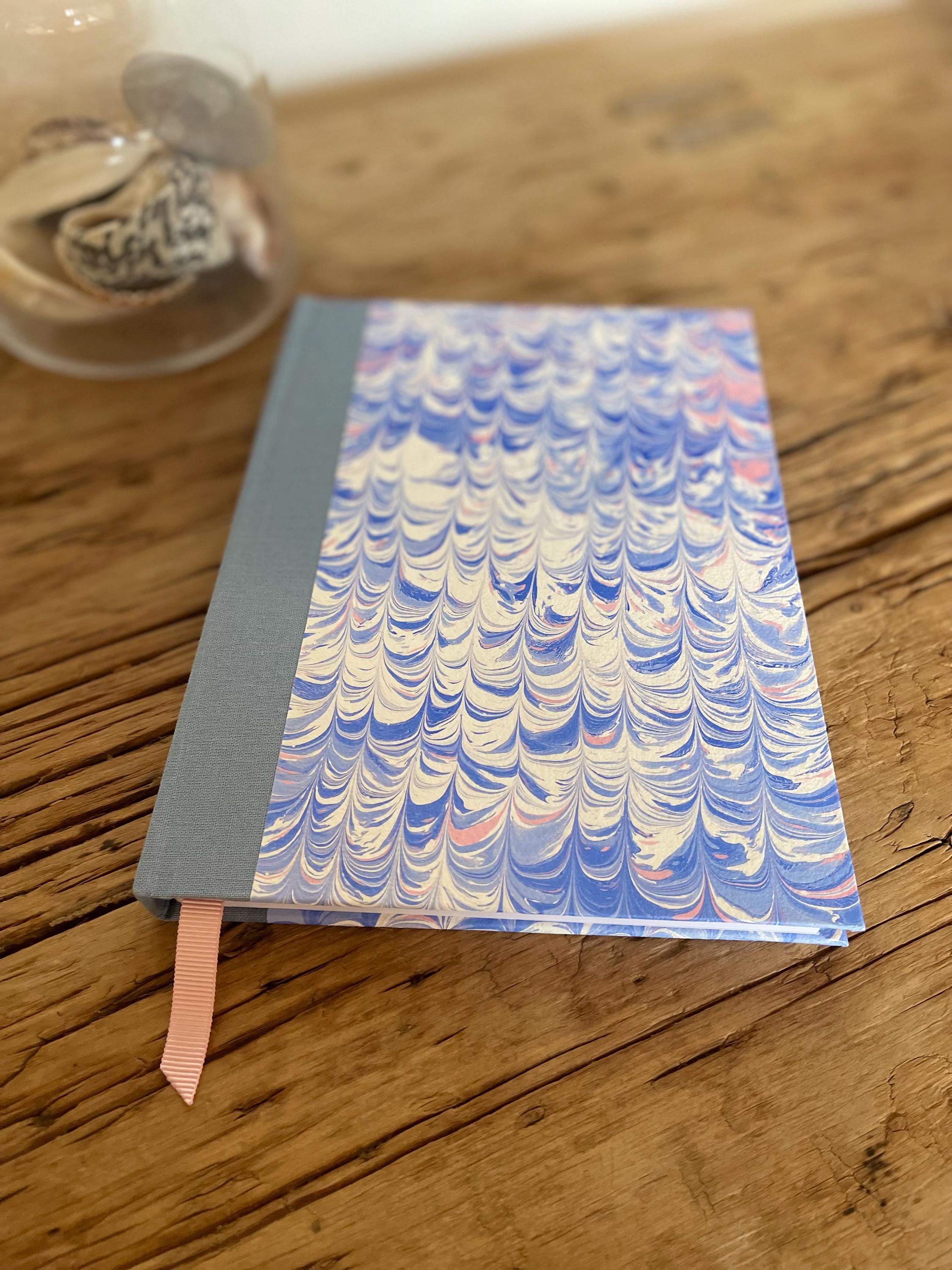 Marbled Sketchbook/Journal A5 Hard Cover in handmade paper in the non pareil pattern, Blue , pink and white technique - plain white pages