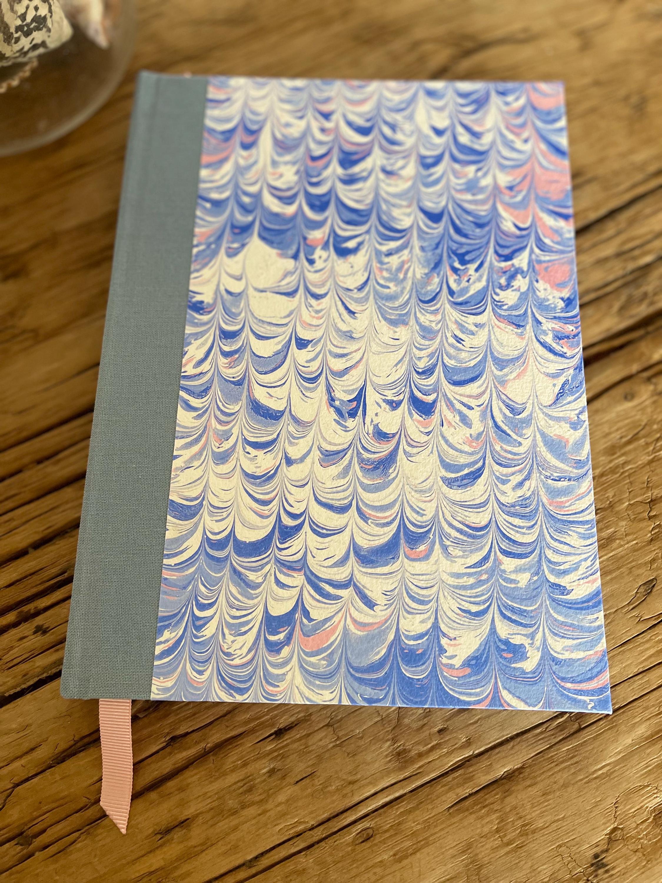 Marbled Sketchbook/Journal A5 Hard Cover in handmade paper in the non pareil pattern, Blue , pink and white technique - plain white pages
