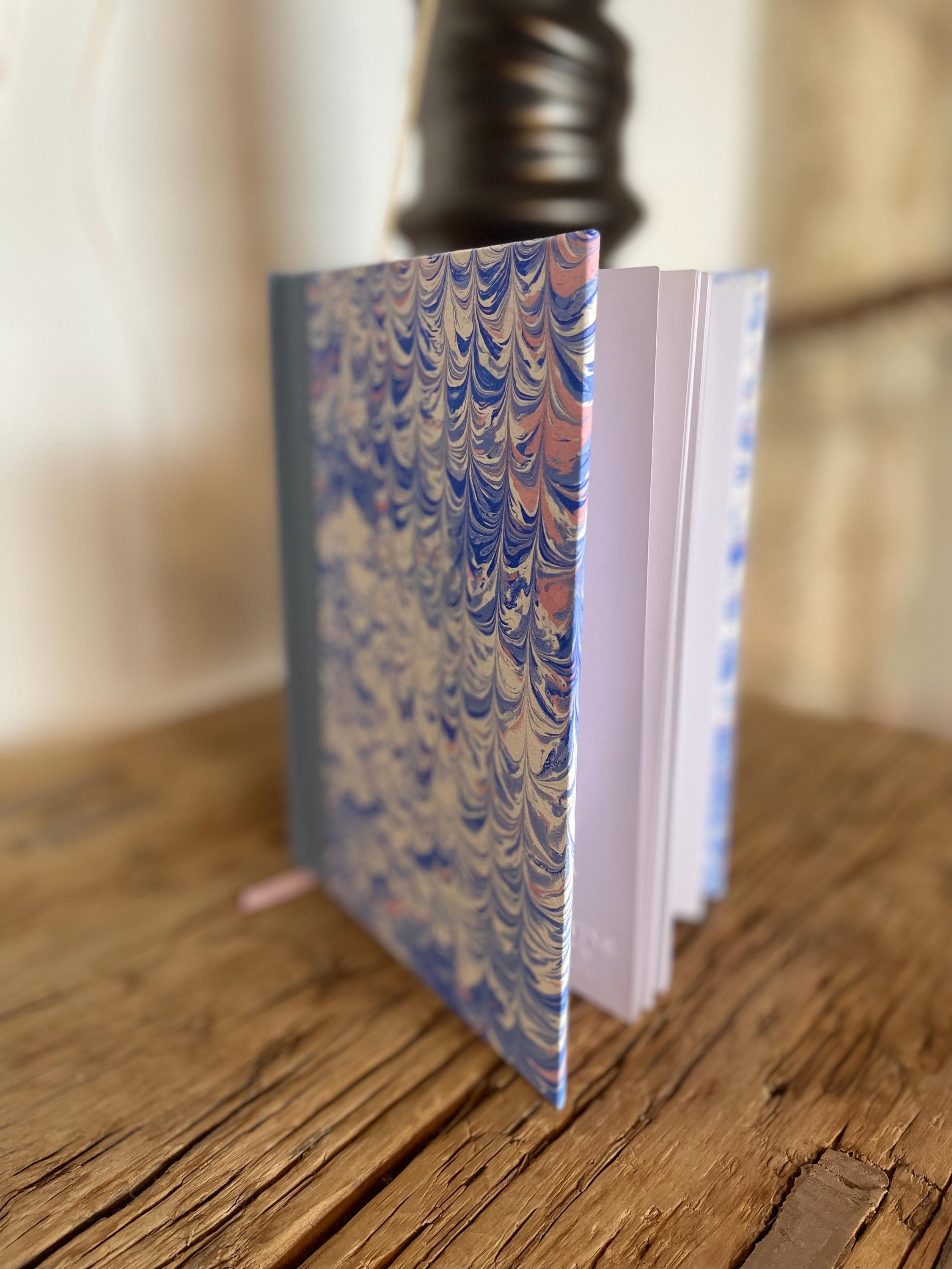 Marbled Sketchbook/Journal A5 Hard Cover in handmade paper in the non pareil pattern, Blue , pink and white technique - plain white pages