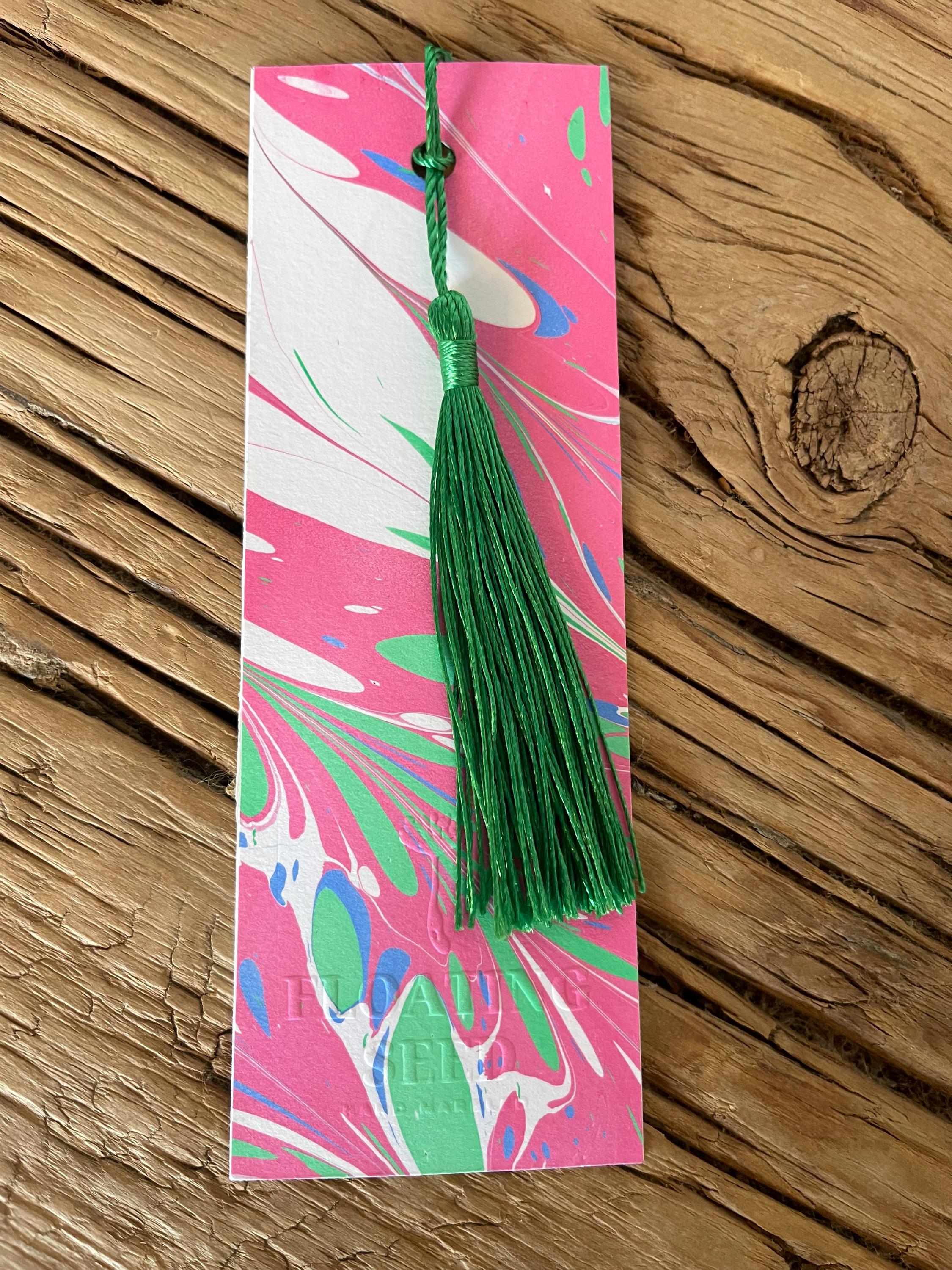 Bookmark, unique pink hand marbled with matching tassel, ideal small gift for any book lover