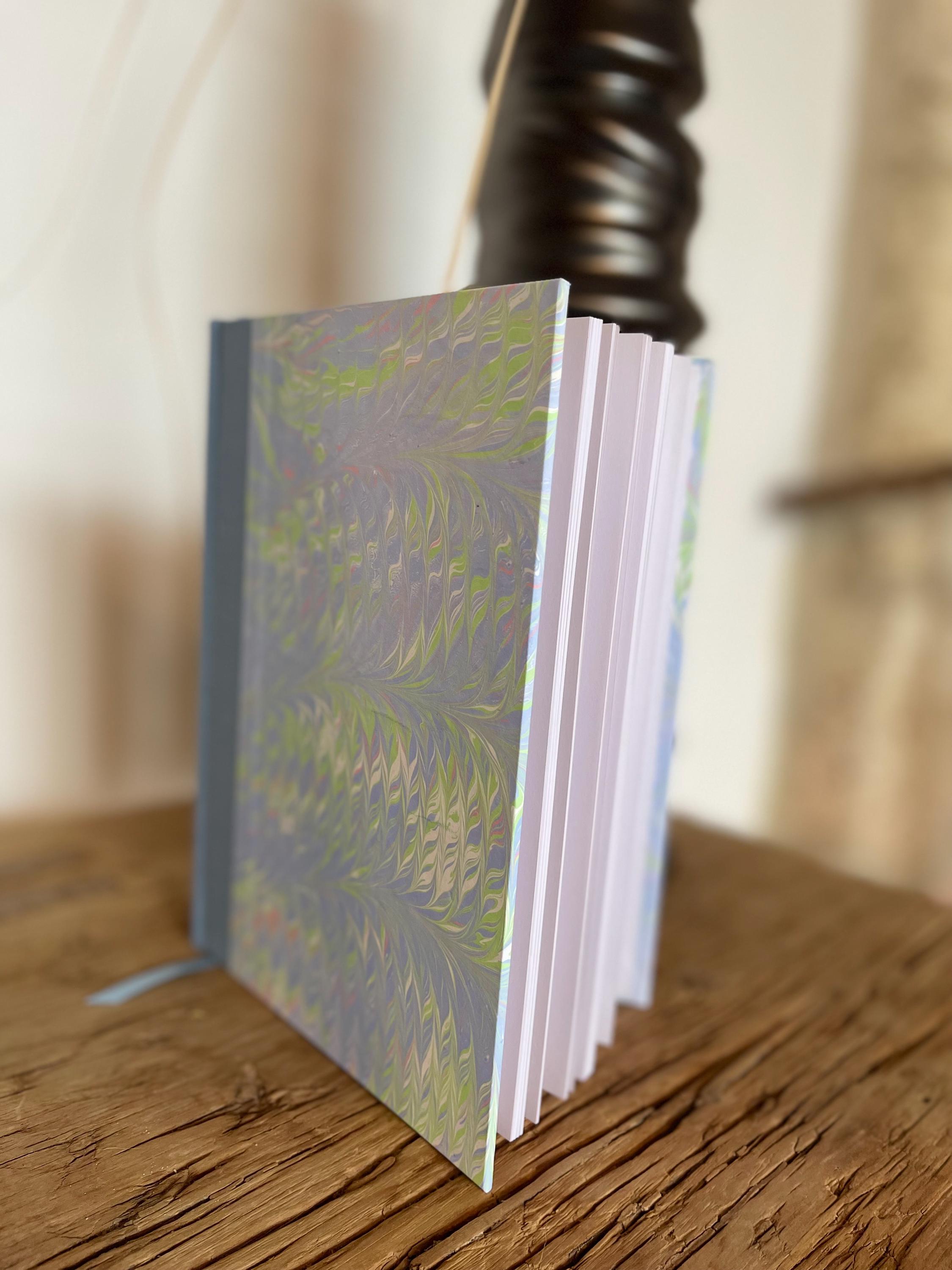 Marbled Sketchbook/Journal A5 Hard Cover, Hand Made, Blue and green feather technique - plain white pages