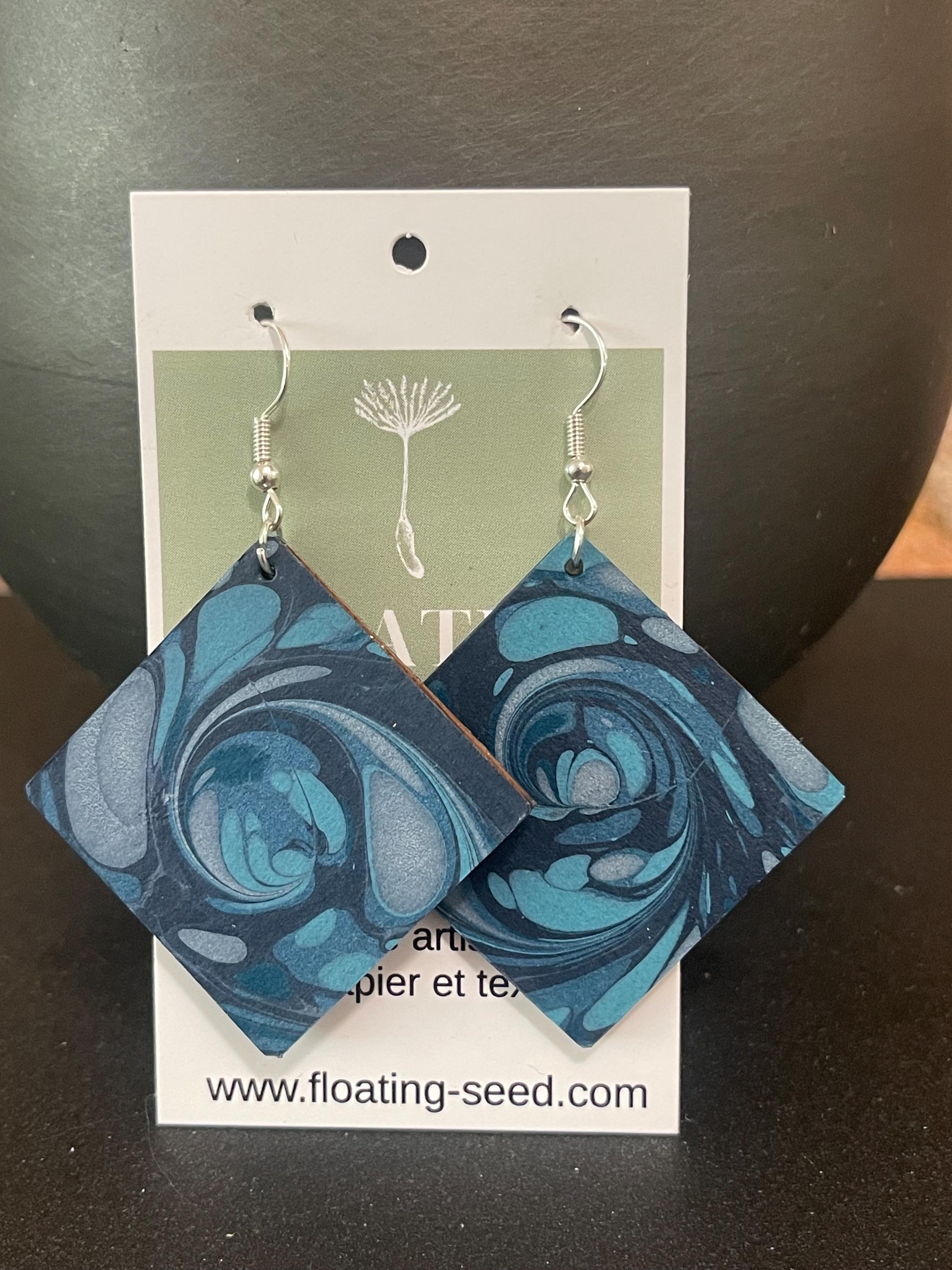 Square marbled dangle earrings, unique, with silver hyper allergenic hooks, whirl pattern in deep blues ideal paper anniversary present