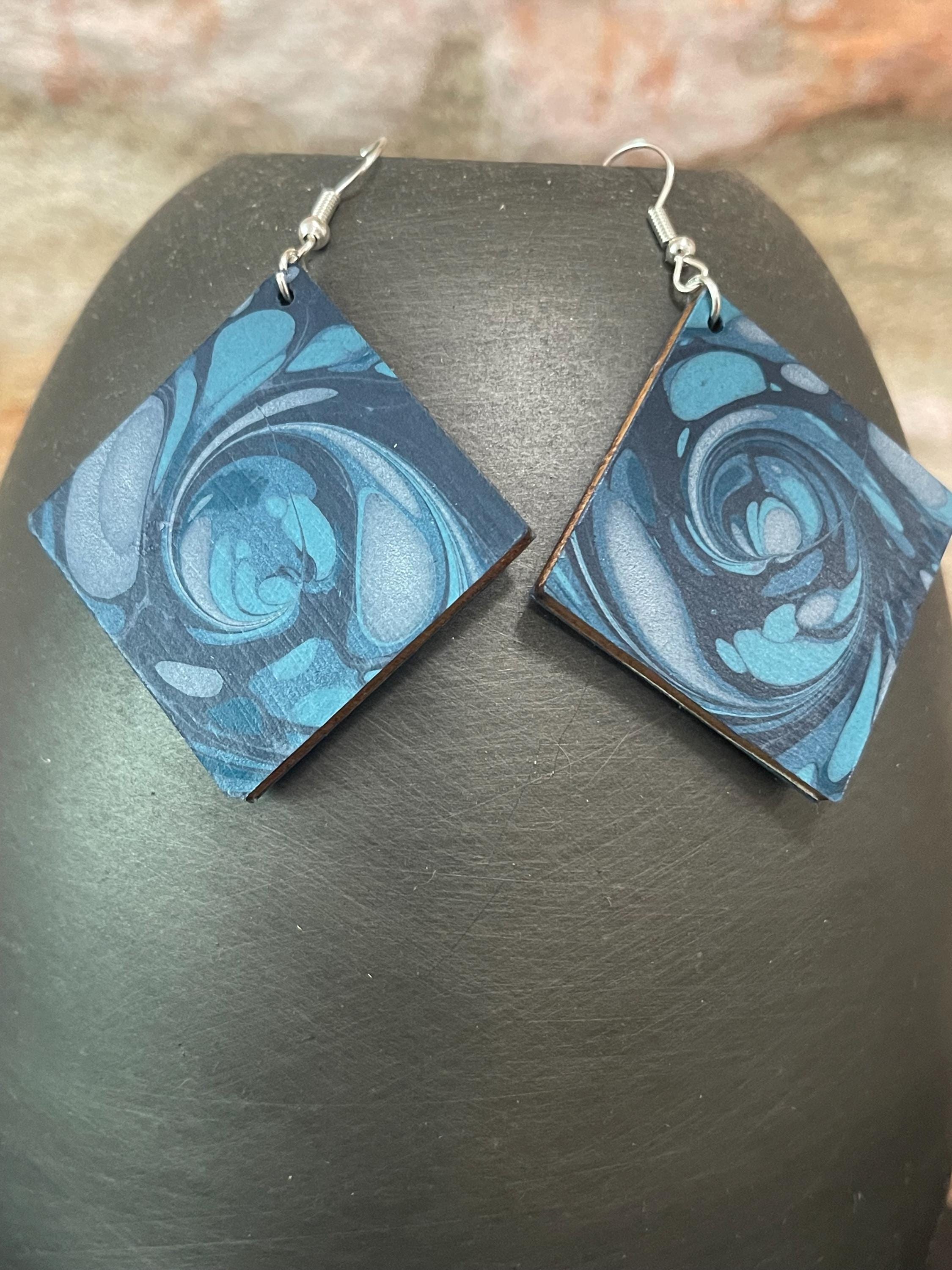 Square marbled dangle earrings, unique, with silver hyper allergenic hooks, whirl pattern in deep blues ideal paper anniversary present