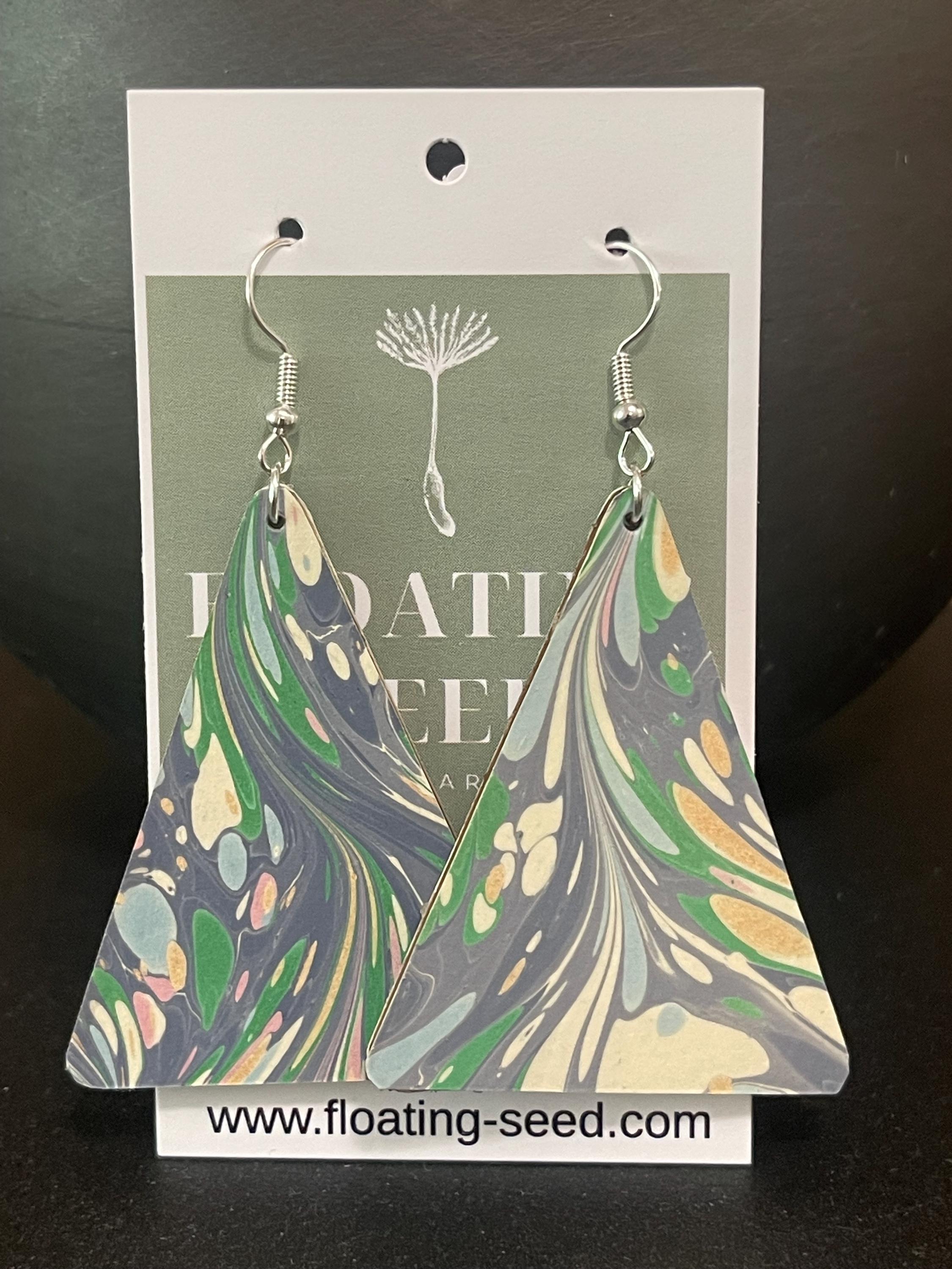 Triangular marbled dangle earrings, unique, with silver hyper allergenic hooks, light blues, greens, pinks, ideal paper anniversary present