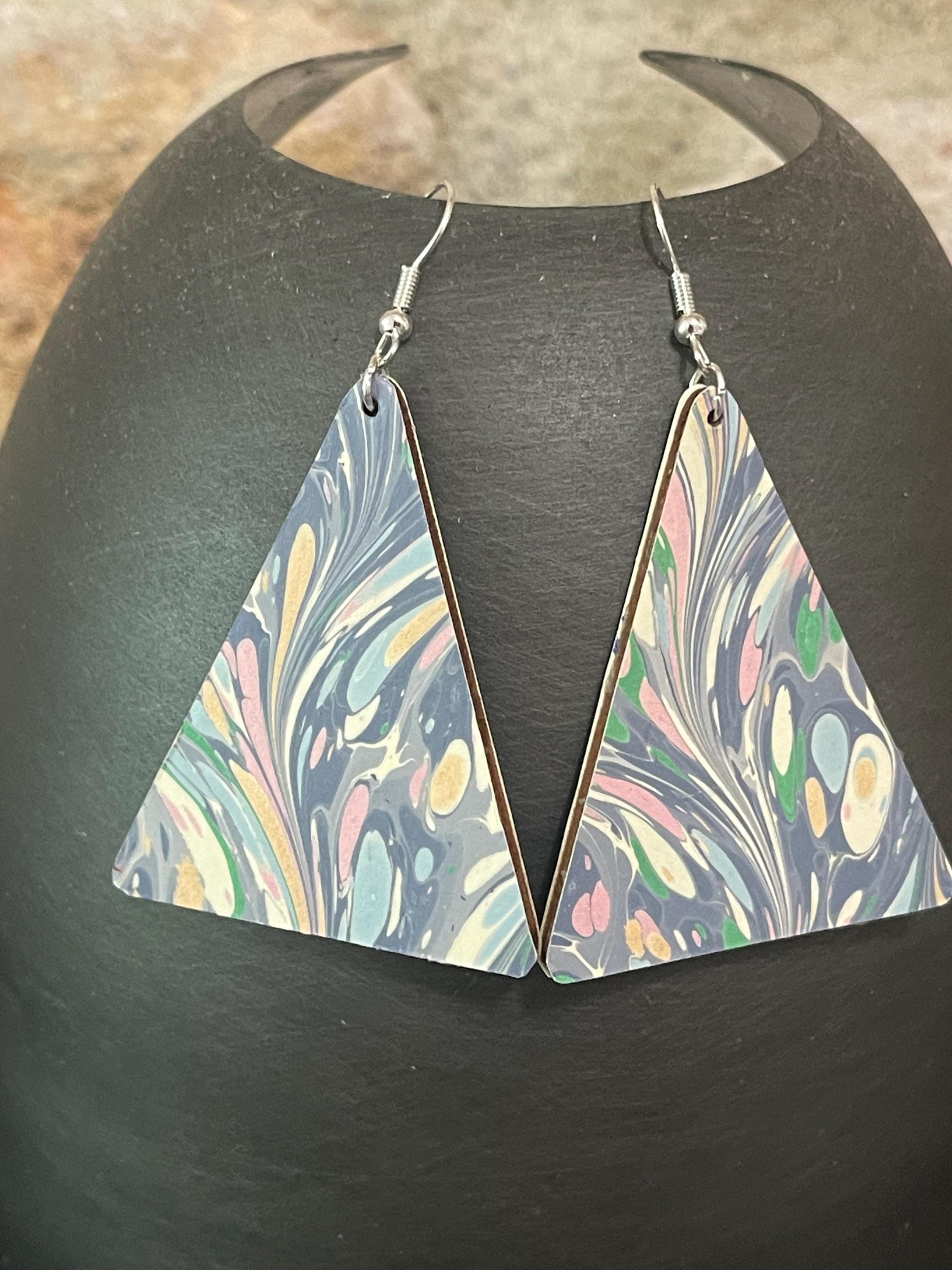 Triangular marbled dangle earrings, unique, with silver hyper allergenic hooks, light blues, greens, pinks, ideal paper anniversary present