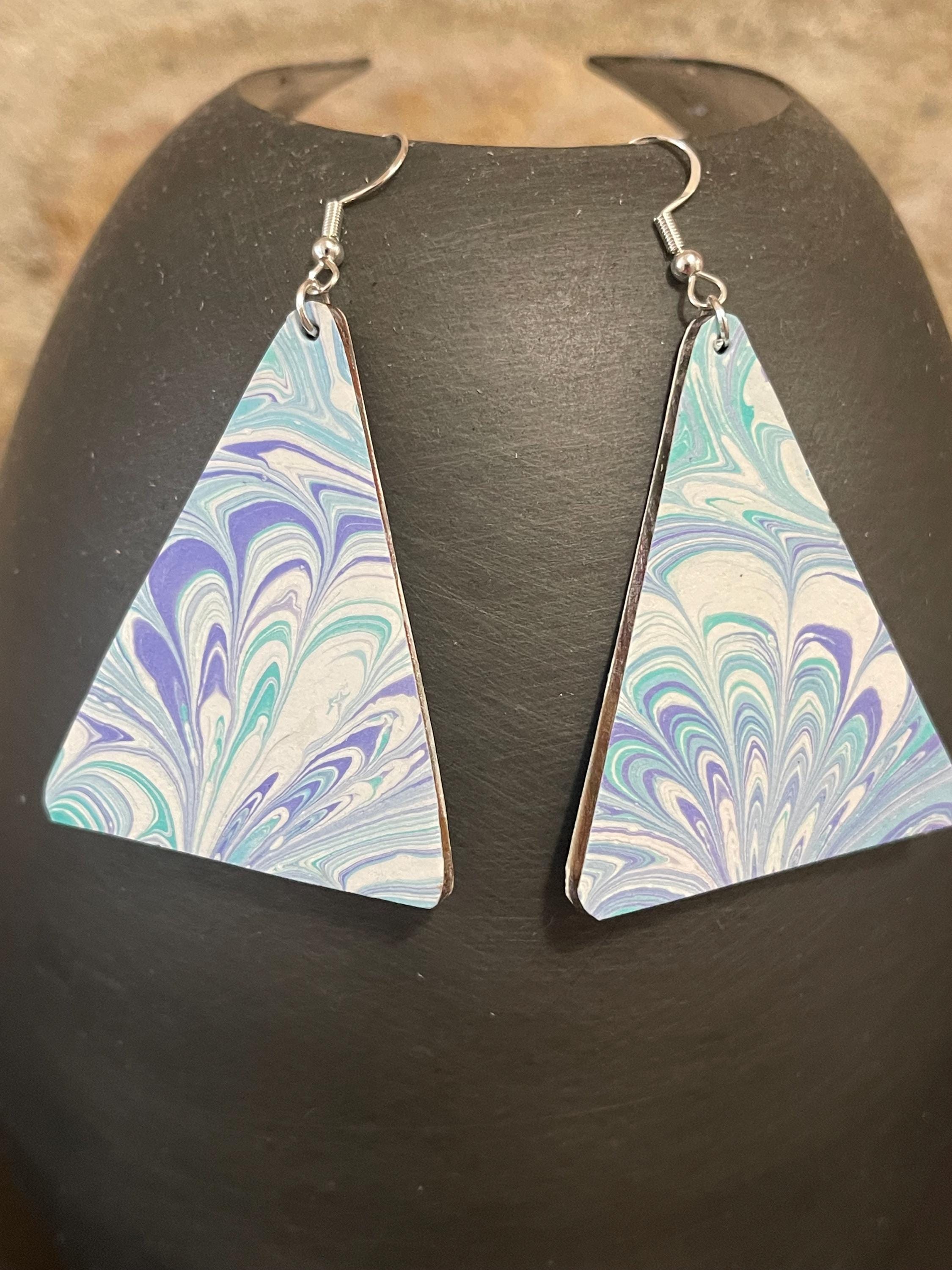 Triangular marbled dangle earrings, with sterling silver hyper allergenic hooks, bouquet pattern in turquoise and blue with touches of white