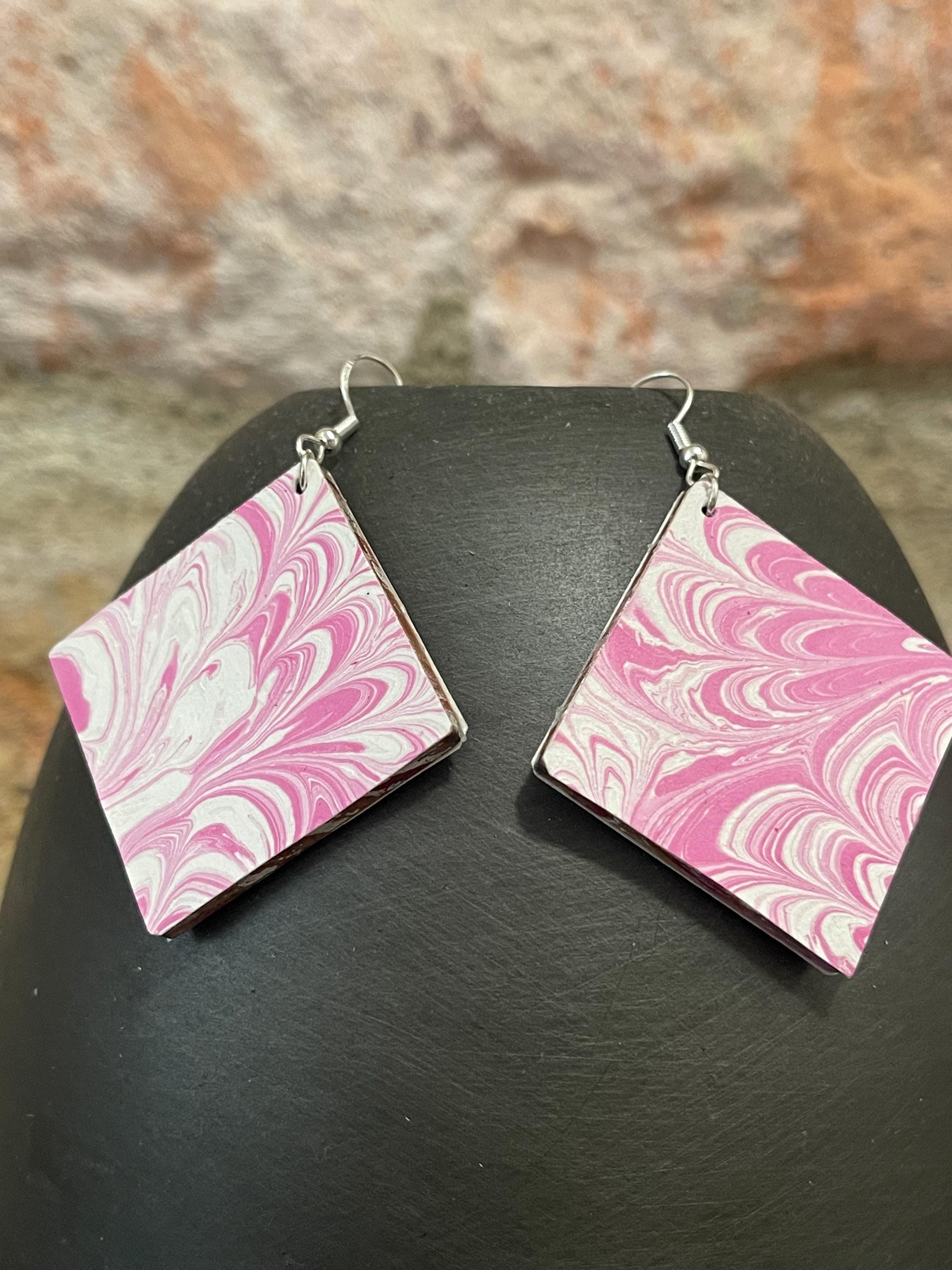 Square marbled dangle earrings, unique, with sterling silver hyper allergenic hooks, pink and white, ideal paper anniversary present