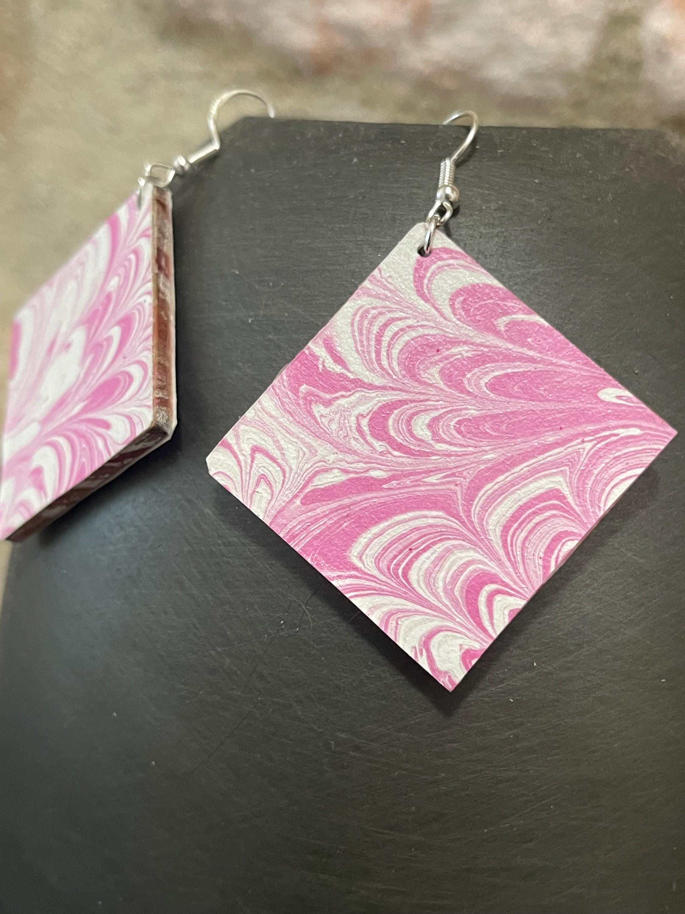 Square marbled dangle earrings, unique, with sterling silver hyper allergenic hooks, pink and white, ideal paper anniversary present