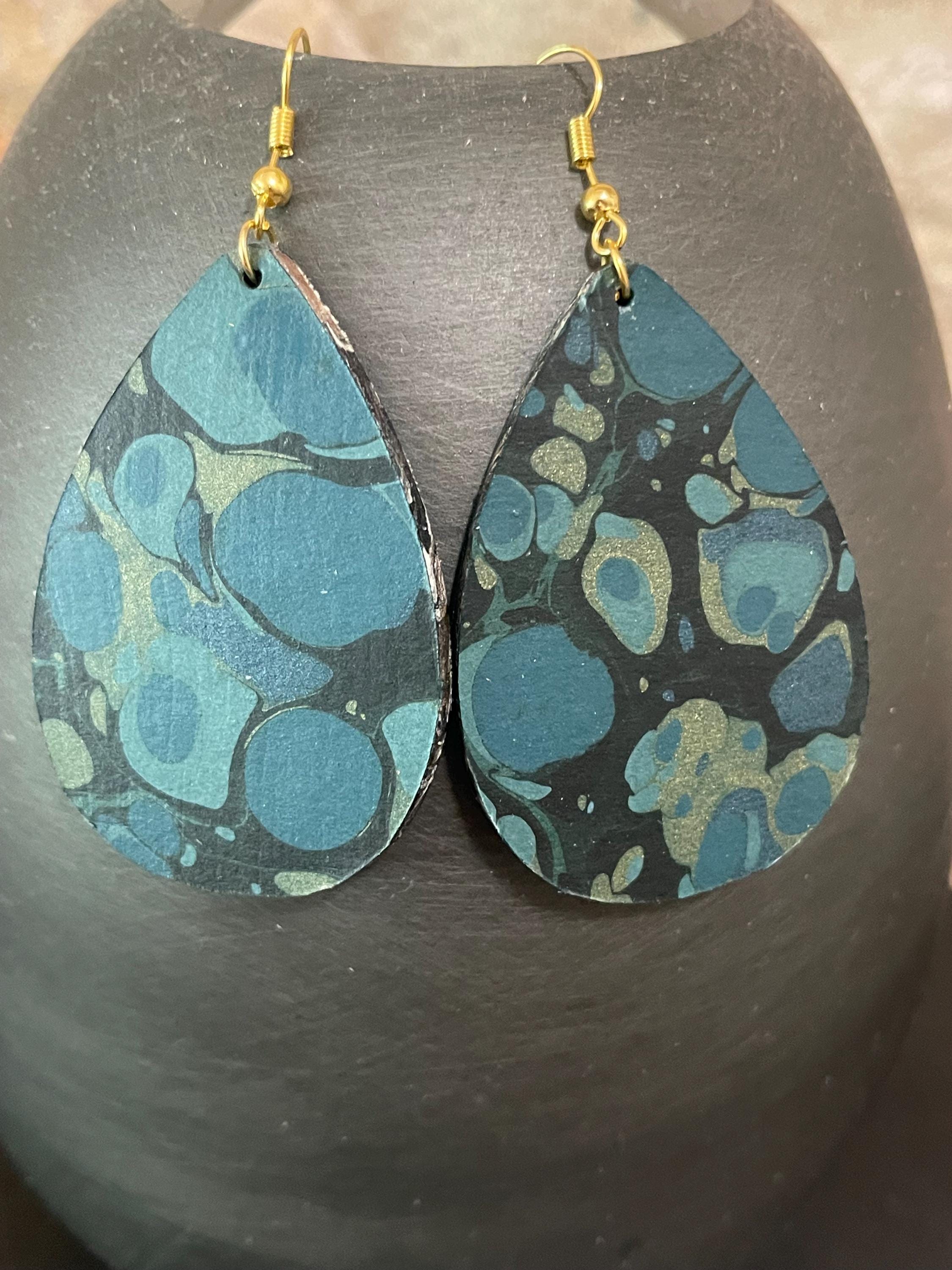 Tear drop marbled dangle earrings, with gold hyper allergenic hook, stone pattern in dark blues with touches of gold, ideal 1st wedding gift