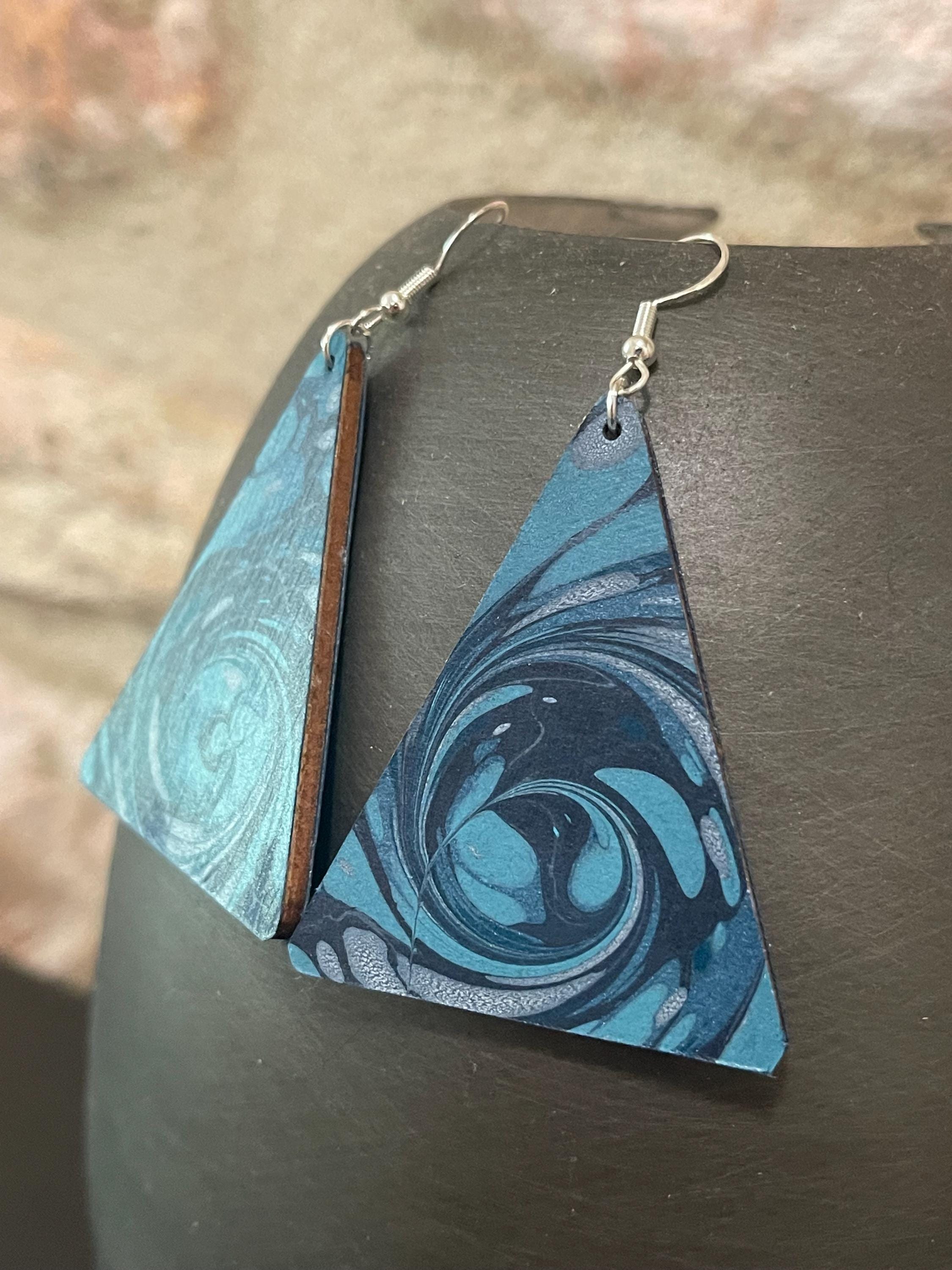 Triangular marbled dangle earrings, unique, with sterling silver hyper allergenic hooks, blues, whirlpool ideal 1st anniversary present