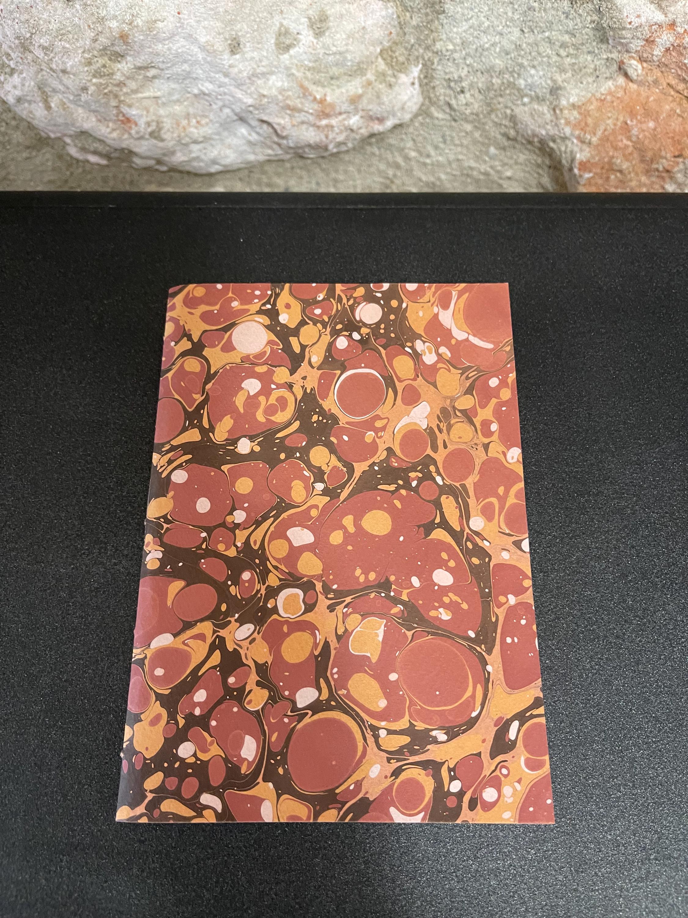 Pocket lined notebook, hand sewn, hand marbled soft cover, A6, in browns, stone pattern with 80 pages of lined 80g/m2 paper. Unique gift.