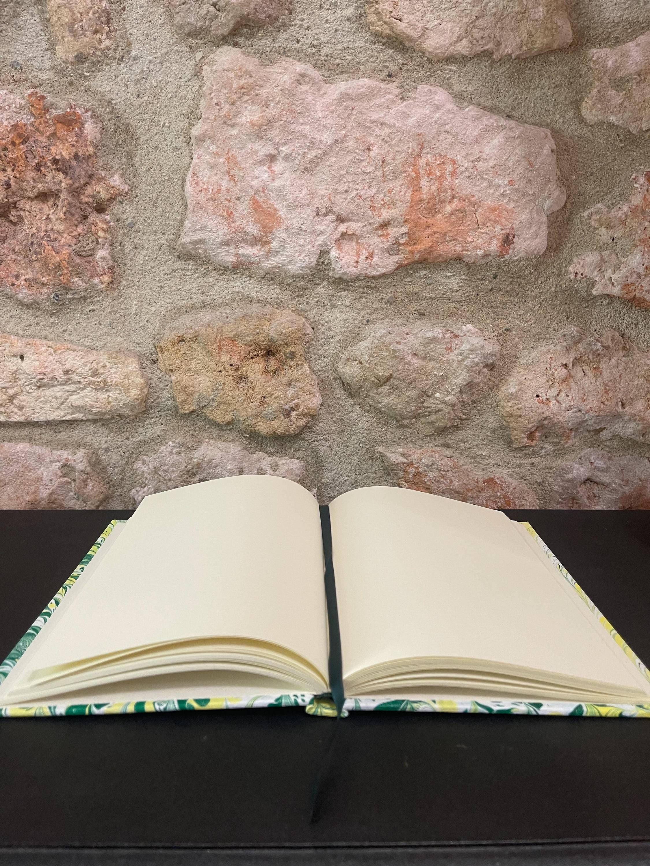 Handmade A5 Sketchbook /Journal in yellow and green organic fern pattern with a Hand Marbled Hard Cover - 160 plain pages