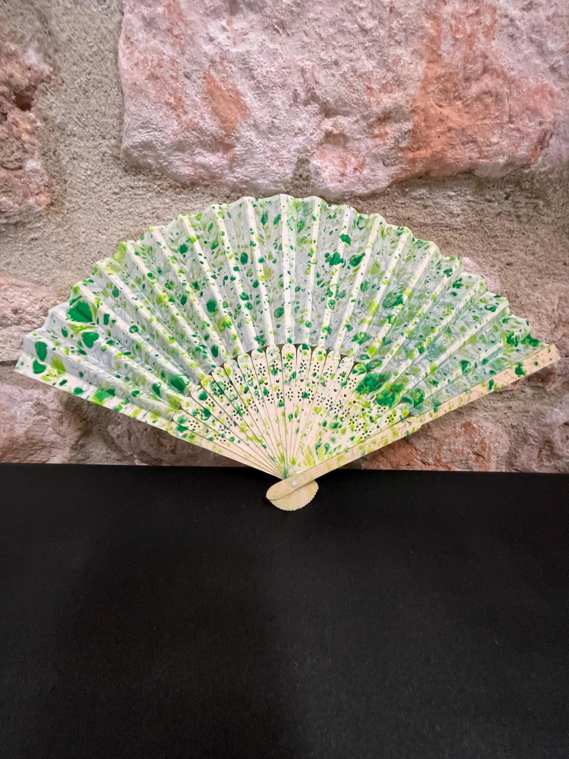 Hand-Marbled Silk Fan – Yellow & Green | One-of-a-Kind Handmade Accessory