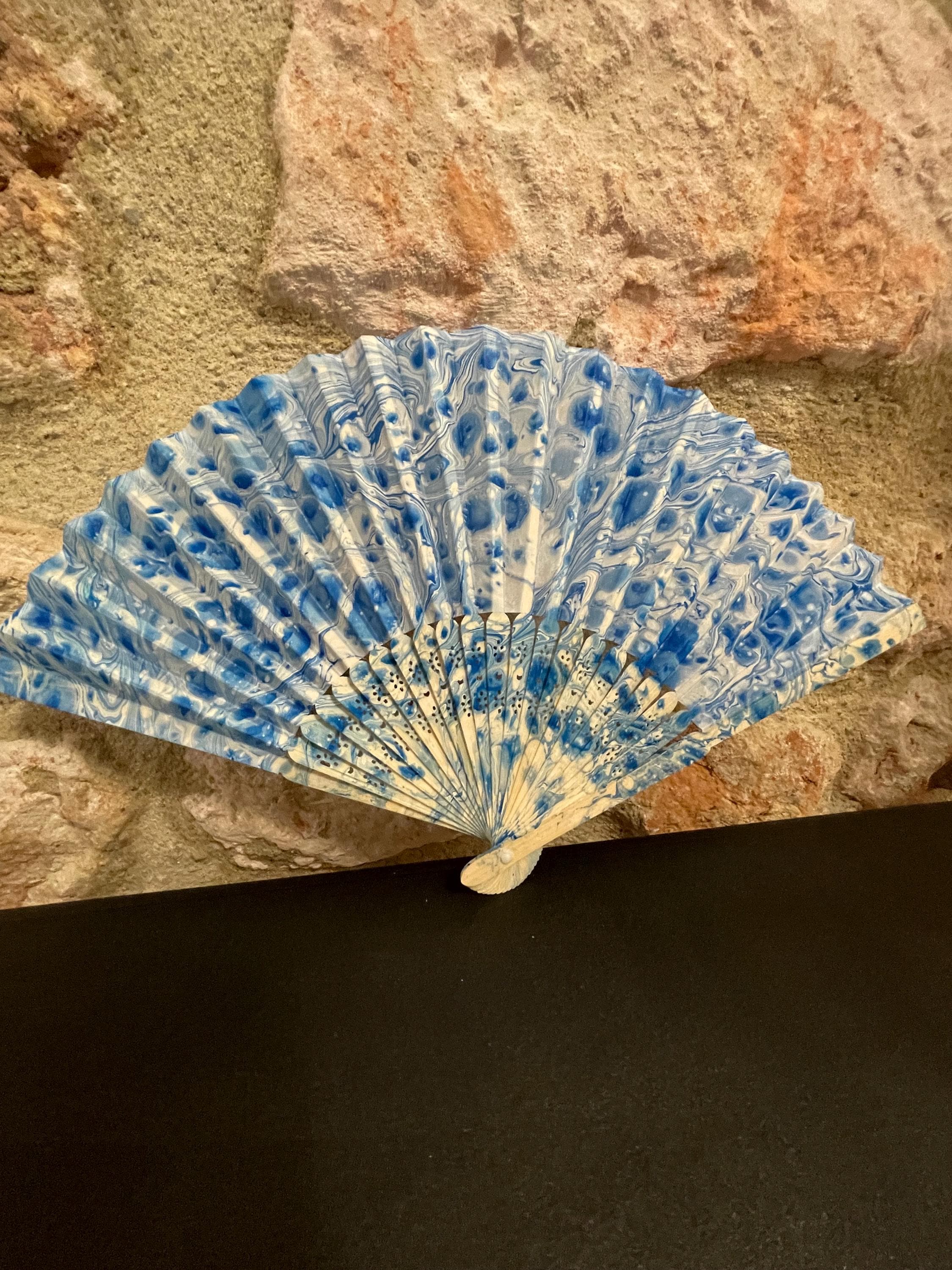 Hand-Marbled Silk Fan – Blue and White | One-of-a-Kind Handmade Accessory