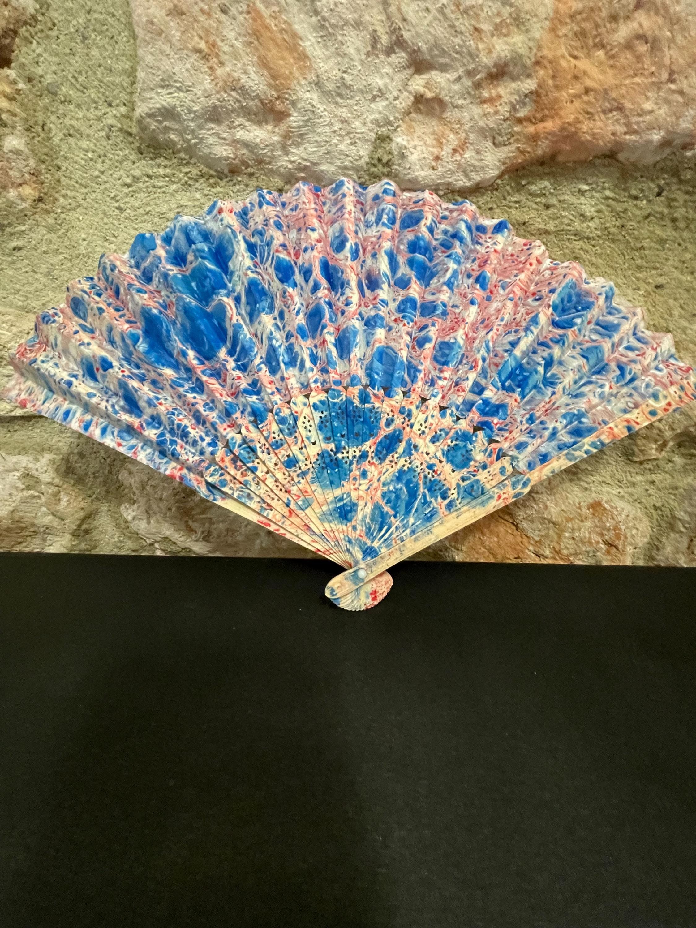 Hand-Marbled Silk Fan – Pink and Blue | One-of-a-Kind Handmade Accessory