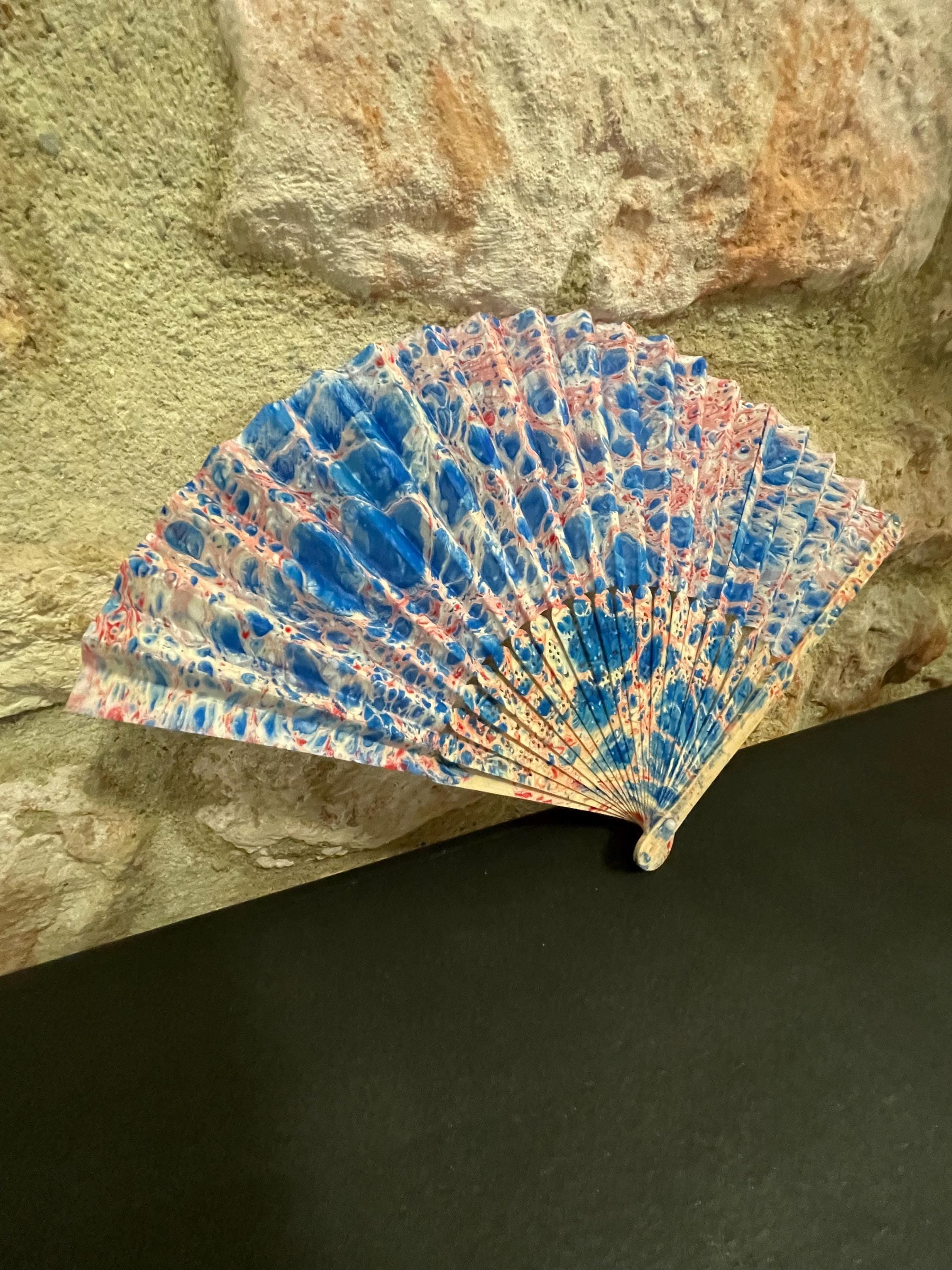 Hand-Marbled Silk Fan – Pink and Blue | One-of-a-Kind Handmade Accessory
