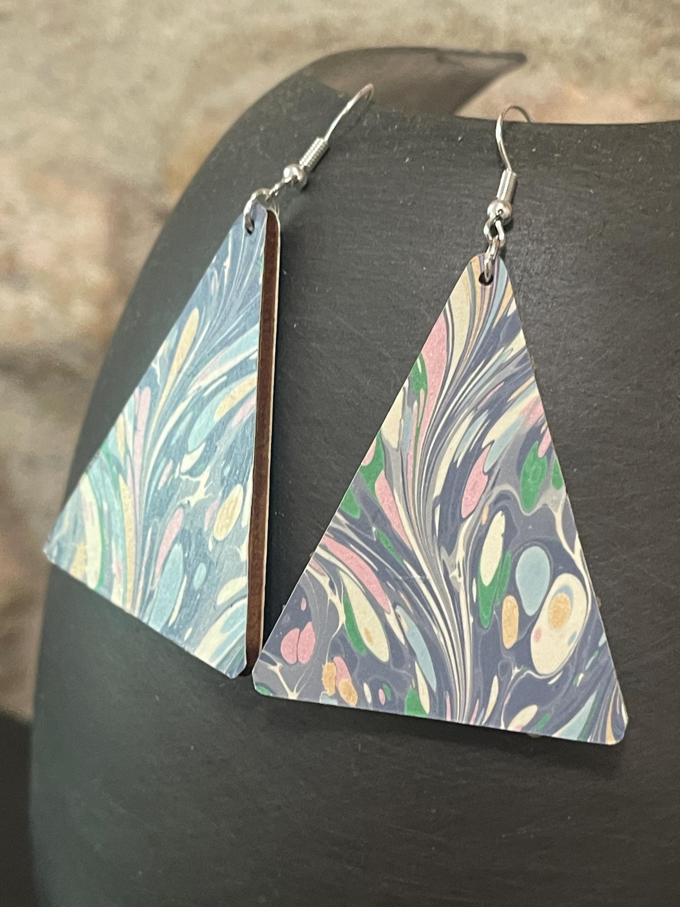 Triangular marbled dangle earrings, unique, with silver hyper allergenic hooks, light blues, greens, pinks, ideal paper anniversary present