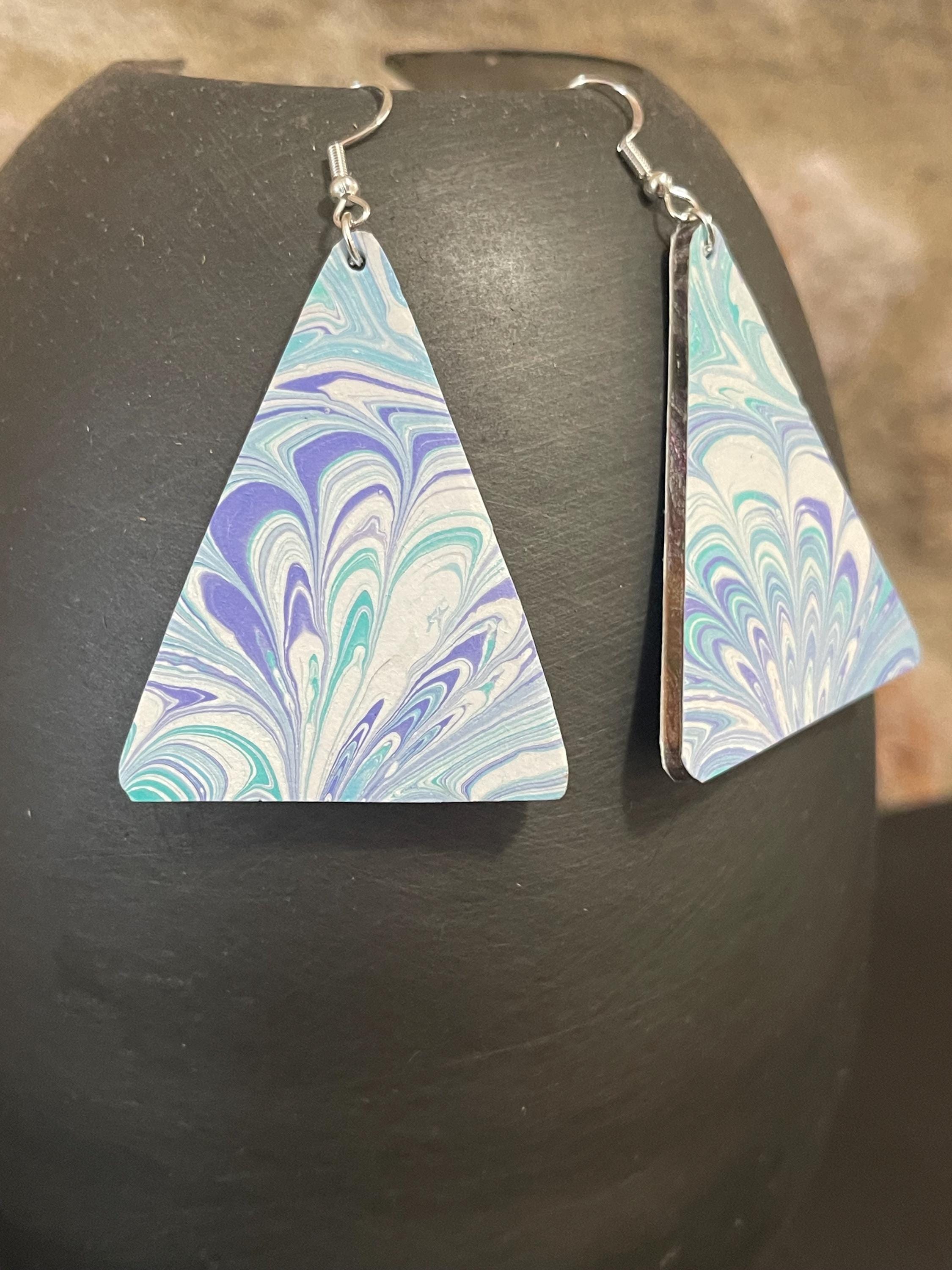 Triangular marbled dangle earrings, with sterling silver hyper allergenic hooks, bouquet pattern in turquoise and blue with touches of white