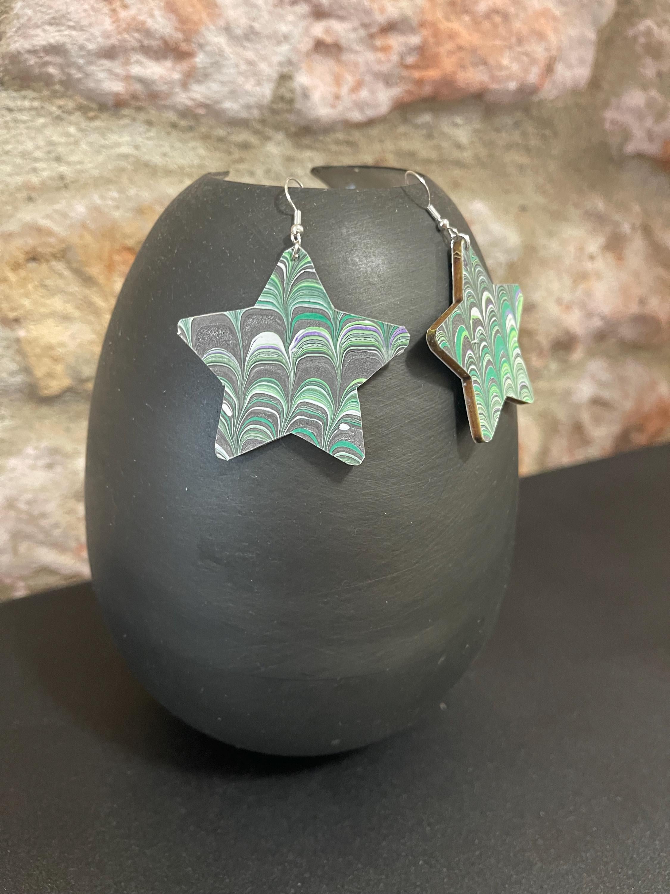 Star marbled dangle earrings, unique, with silver hyper allergenic hooks, in light greens, greys and white, ideal paper anniversary present